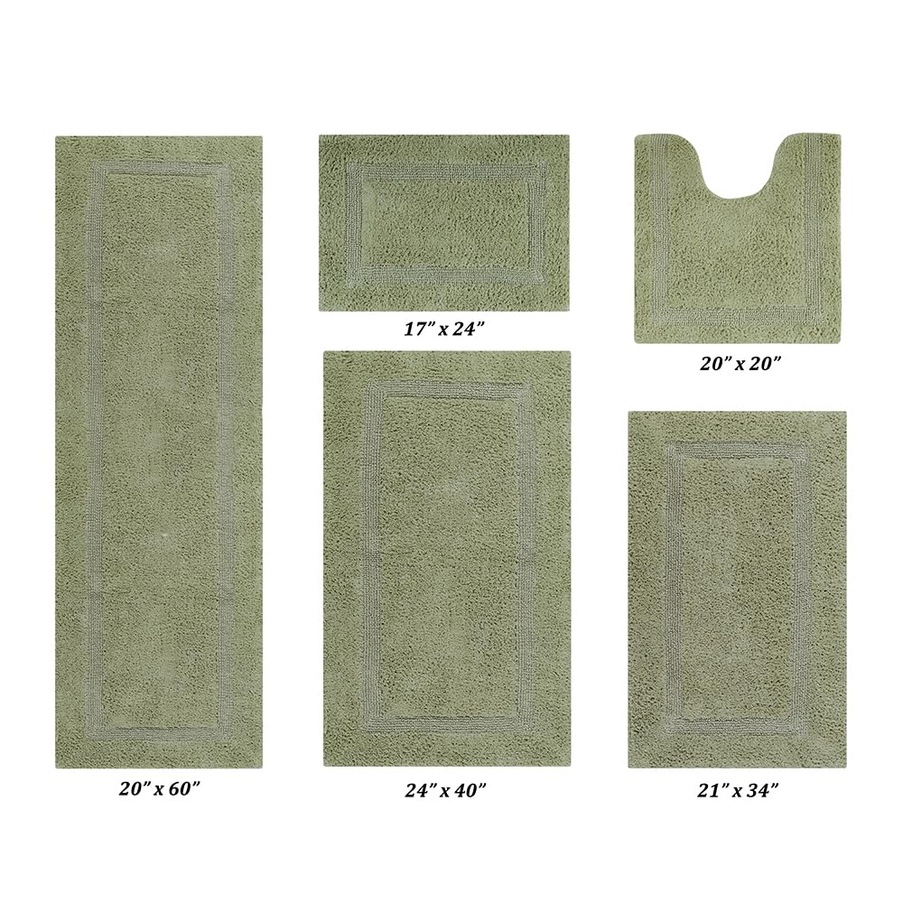 Better Trends 5-Piece Bathroom Rug Set - Sage Green Cotton Reversible Absorbent Bath Mats with Contour & Runner, Machine Washable for Bathroom Floor Decor - Perfect for Bathtub, Toilet Base & Modern Home Bathroom Design