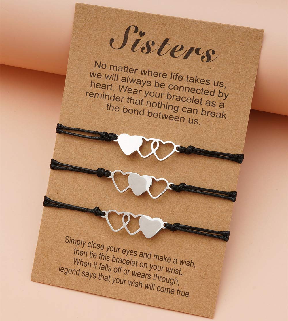 YALLNASL Matching Sister Bracelets Set of 3 - Heart Charm Best Friend Bracelets for Sisters, Unbiological Sisters & Besties - Perfect Birthday, Christmas Gift for Little Sister from Big Sister - Ideal for Sister Bonding, Friendship Celebrations & Special Occasions