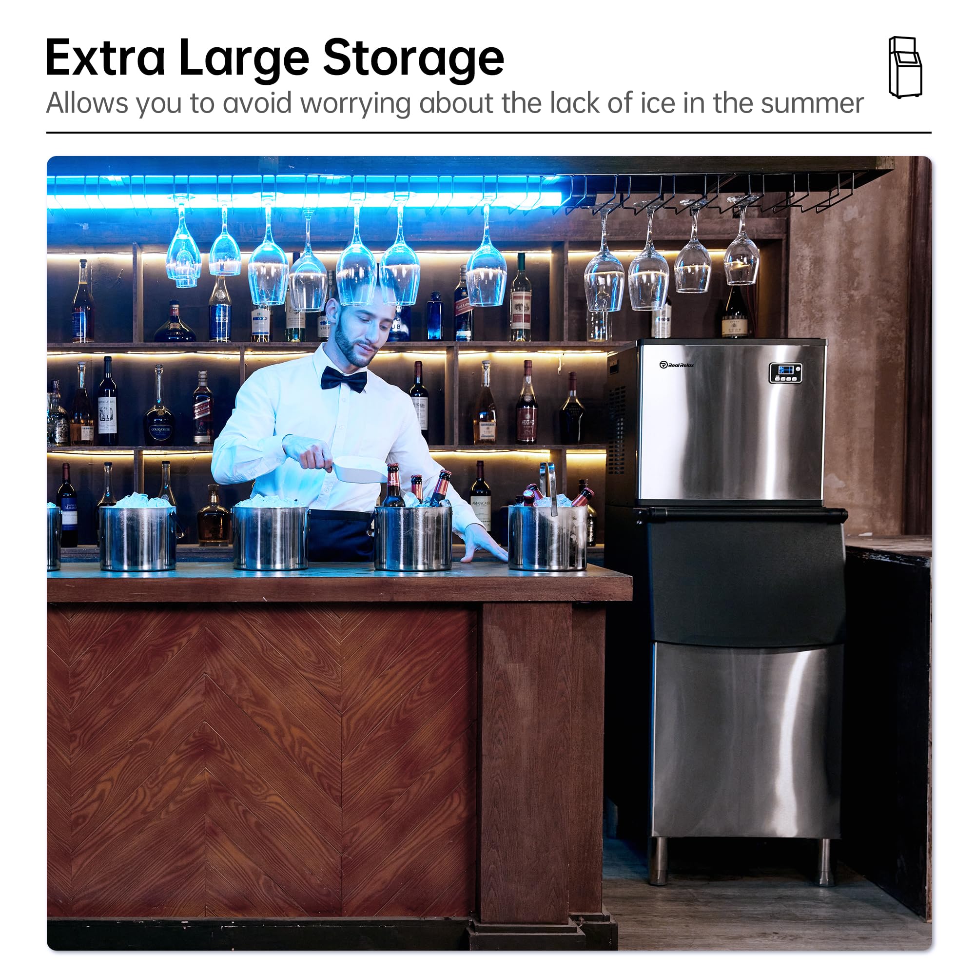 Commercial Ice Maker Machine 360 lbs/24h, 200 lbs Ice Storage Bin, Stainless Steel Self-Cleaning with LCD Display - Freestanding Ice Maker for Home, Bar, Restaurant, Office - Includes Connecting Hose (Silver) - Perfect for Cocktails, Beverages & Large Gatherings