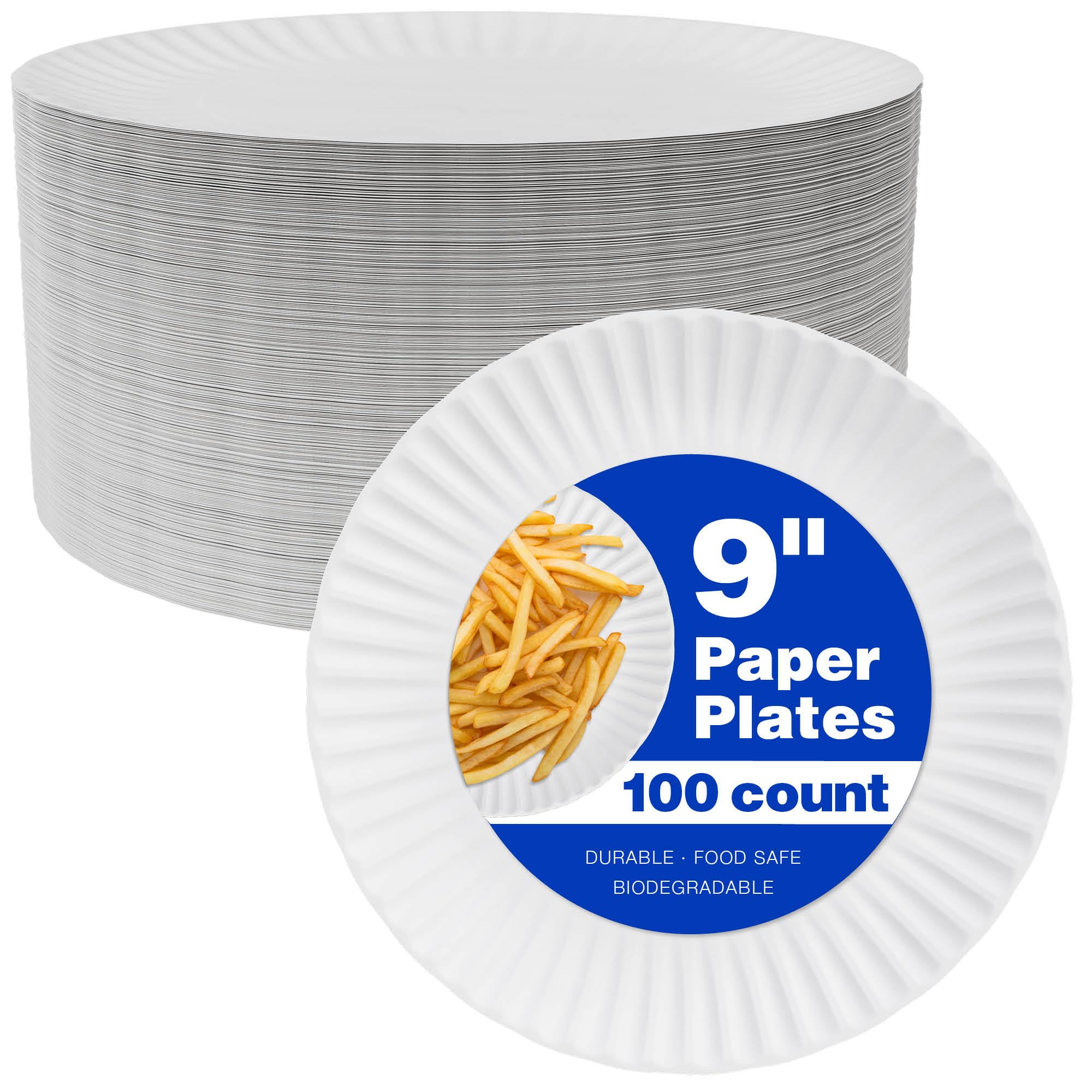 9 Inch White Uncoated Disposable Paper Plates - 100 Pack | Microwave Safe & Eco-Friendly Party Plates for Dinner, Picnic, BBQ, Events & Crafts | Bulk Paper Plates for Everyday Use & Entertaining