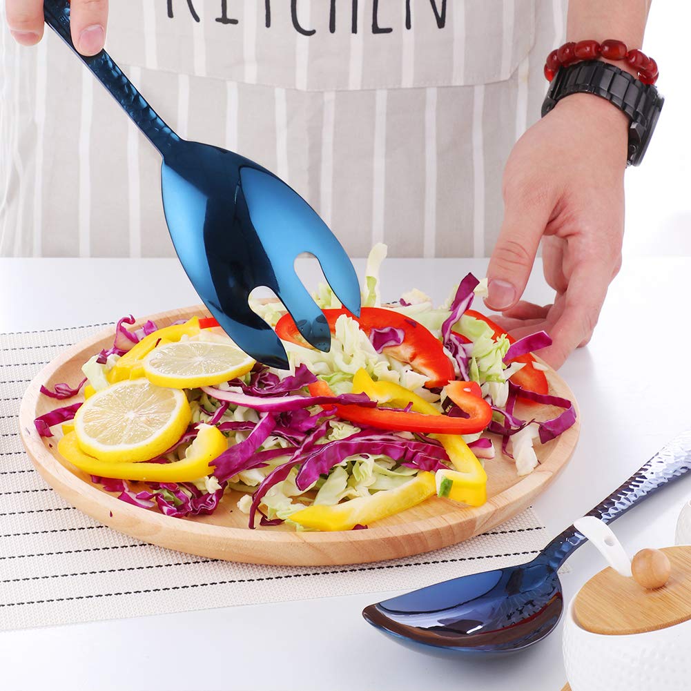 Stainless Steel Salad Spoon and Fork Set - 12 Inch Blue Large Serving Utensils (Pack of 2) | Dishwasher Safe | Perfect for Parties, BBQs, and Family Gatherings