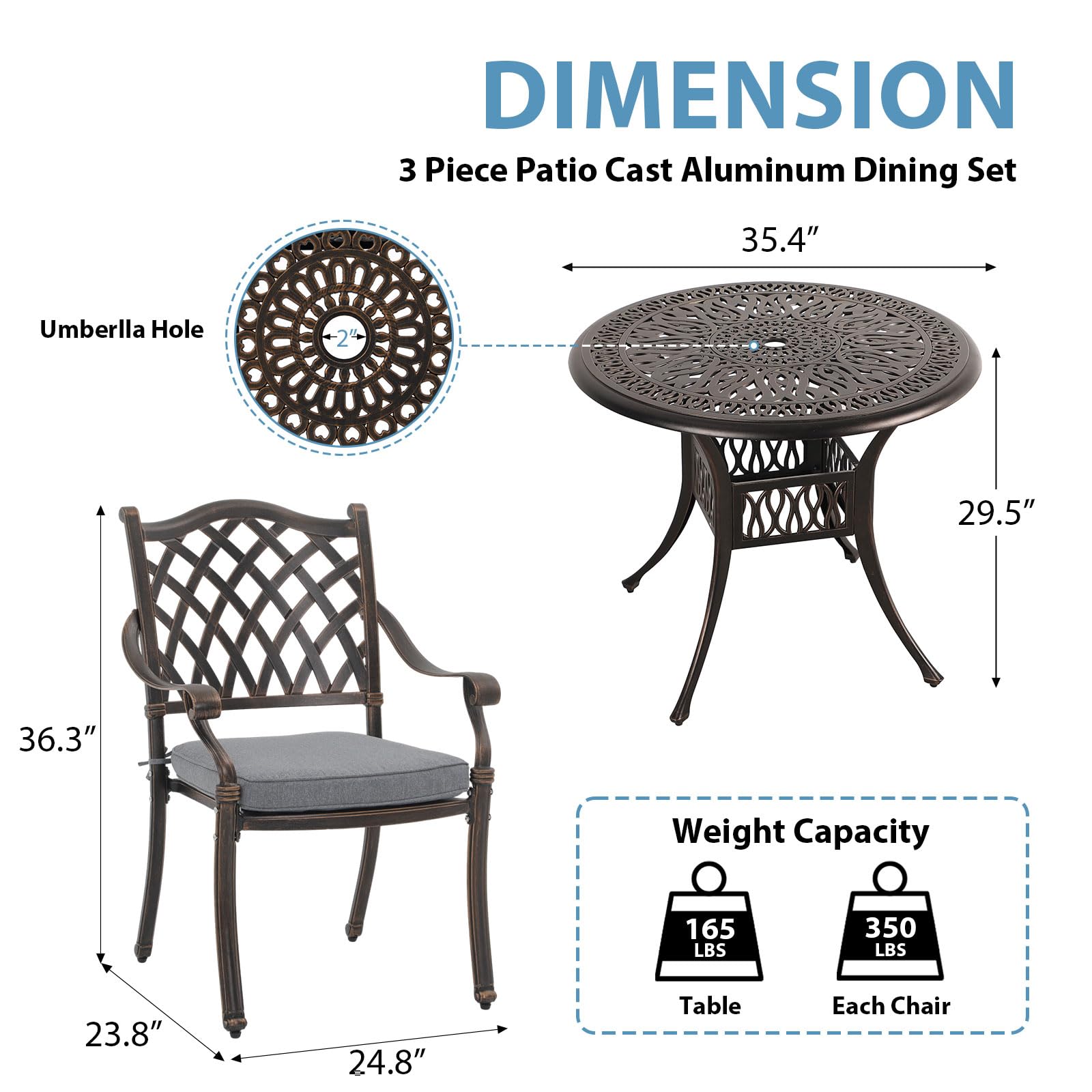 JOIVI 3-Piece Outdoor Dining Set - Cast Aluminum Patio Furniture with Umbrella Hole, Stackable Chairs & Table in Antique Bronze - Perfect for Balcony, Garden, Backyard & Poolside Entertaining | Weather-Resistant & Durable Bistro Set for Outdoor Gatherings