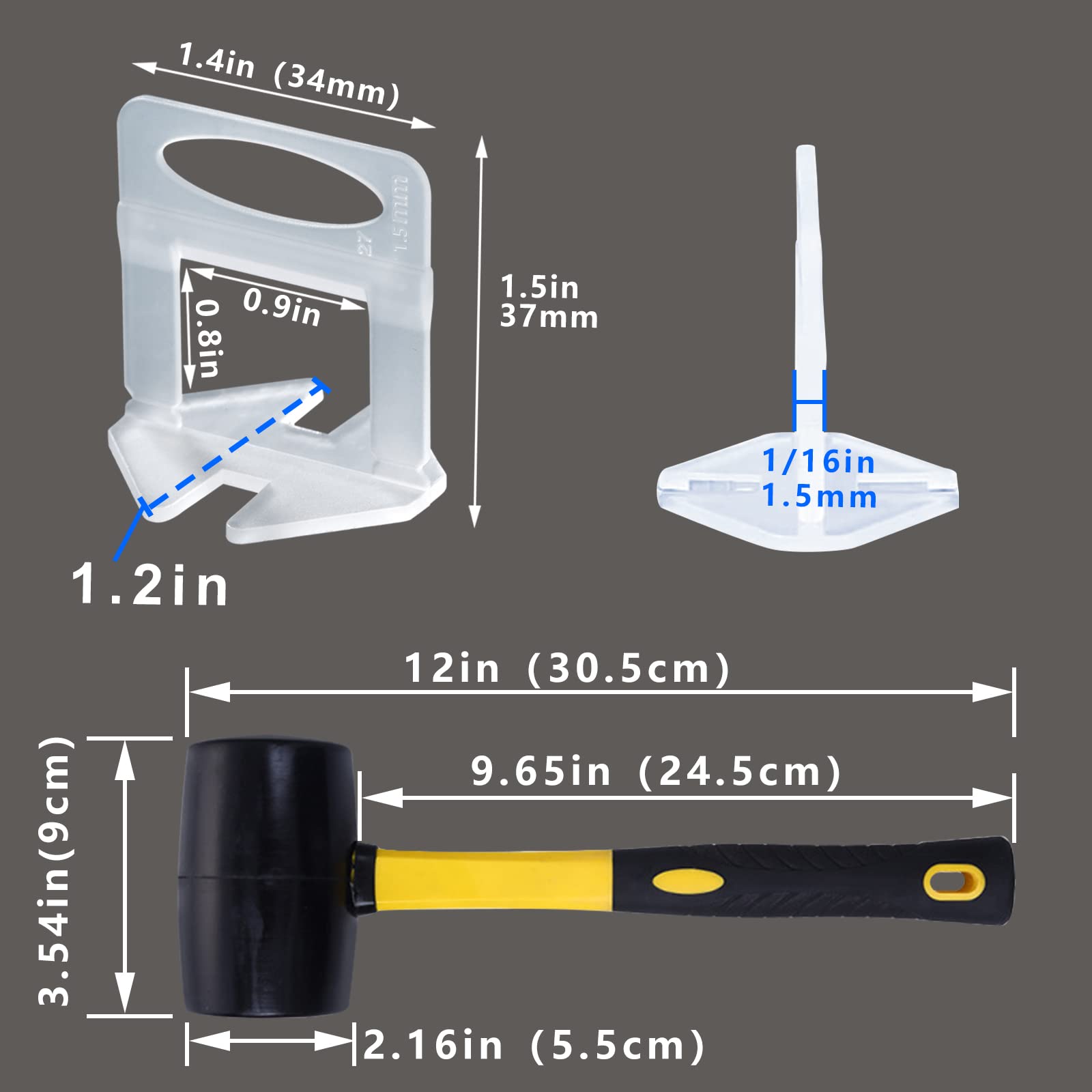 1/16 Inch Tile Leveling System - 2500 Piece Spacer Clips with 16 oz Rubber Mallet | Professional Ceramic & Stone Tile Installation Tools for Floors, Walls & Backsplashes