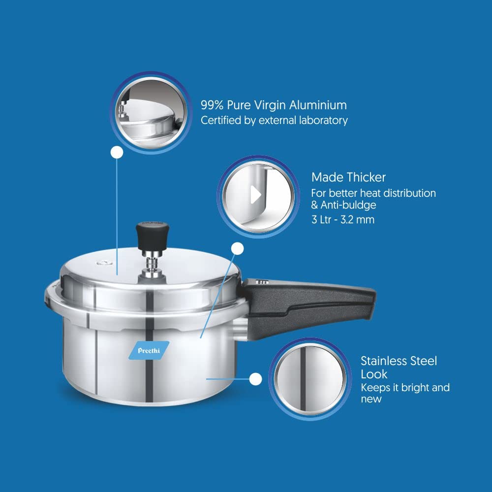 Preethi 3L Aluminum Pressure Cooker with Non-Induction Base - Fast & Safe Cooking for Rice, Beans & Indian Dishes | Perfect for Home & Kitchen Use