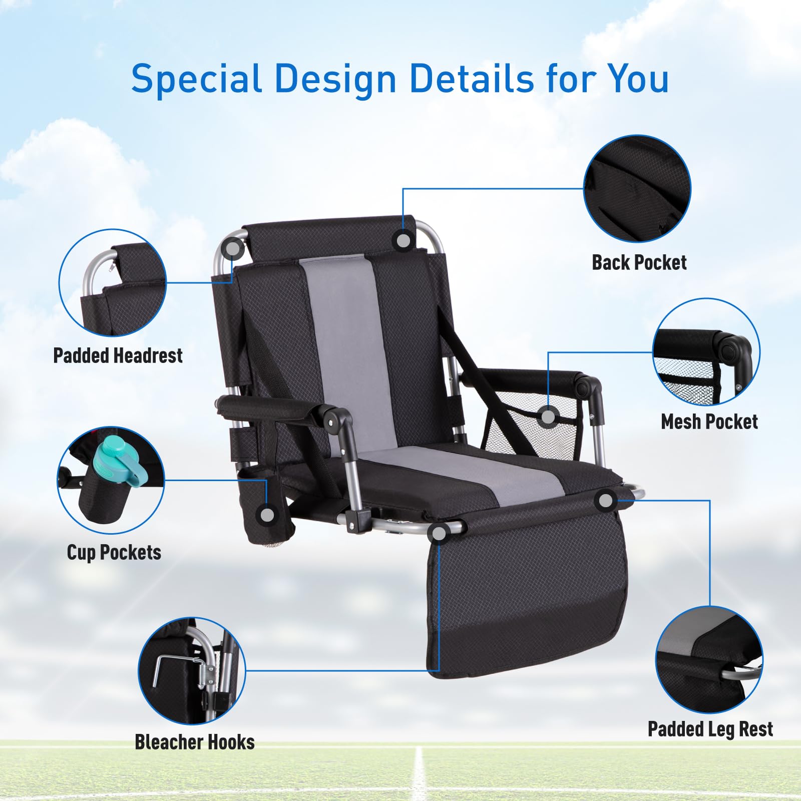 Portable Stadium Chair with Armrest & Back Support - Folding Bleacher Seat for Outdoor Events, Sports Games & Concerts - Includes Cup Holder, Mesh Storage Bag & Hide Hooks - Perfect for Football, Baseball, Camping & Picnics