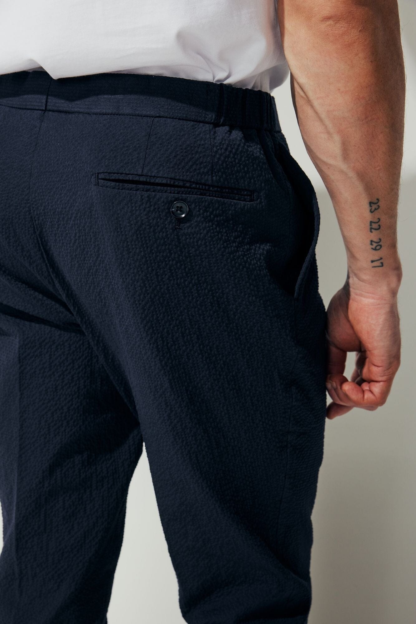 Bailey Trouser - Navy Blue Cotton Seersucker Pants for Women | Comfortable Summer Casual Wear for Office & Outdoor Activities