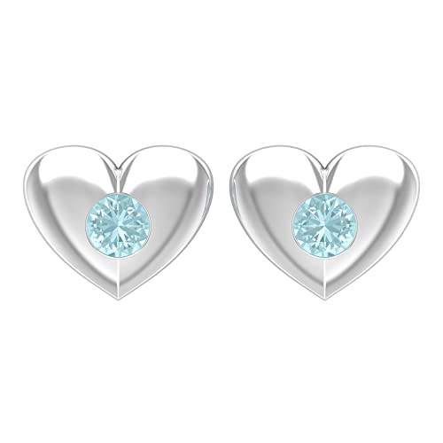 Blue Topaz Solitaire Earrings for Women - 14K Solid Gold Sky Blue Topaz Gypsy Set Heart Stud Earrings - December Birthstone Jewelry Gift for Anniversary, Birthday & Special Occasions