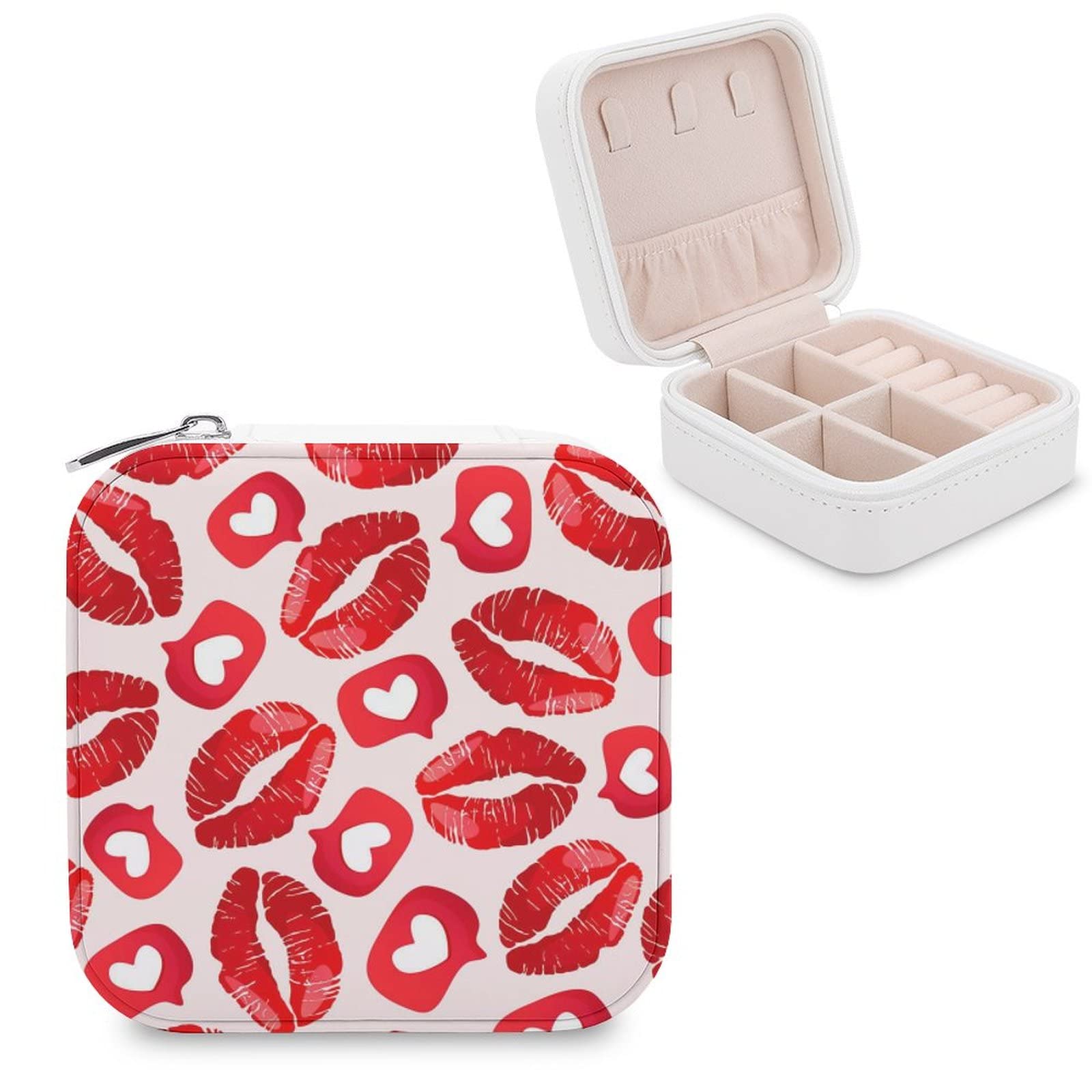 PU Leather Small Jewelry Box with Zipper - Necklace Ring Storage Organizer for Women & Girls, Travel Jewelry Case with Lips Print | Perfect for Travel, Gifts & Daily Jewelry Organization