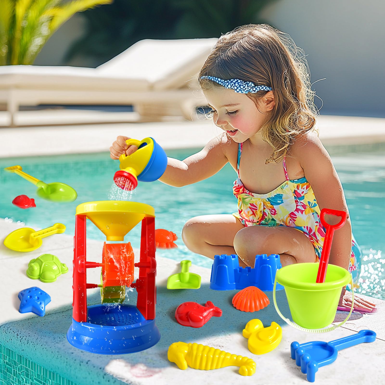 19-Piece Beach Toys Set for Kids - Sandbox Toys with Water Wheel, Bucket, Watering Can, Molds & Mesh Bag - Perfect for Travel & Outdoor Play - Ages 3-13