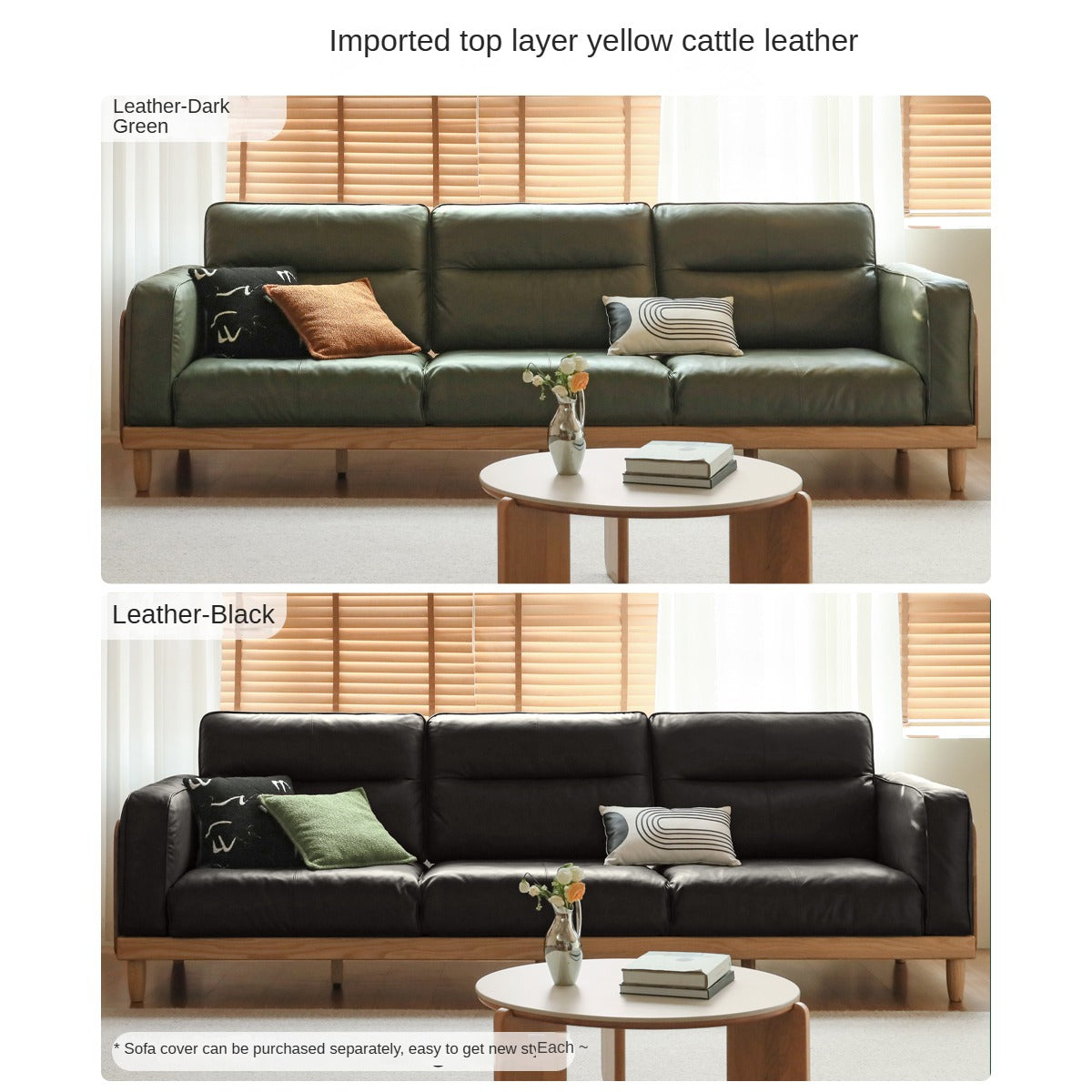 Premium Oak Solid Wood Straight High Back Cloth Leather Sofa - Modern Living Room Furniture for Home Office & Lounge Comfort