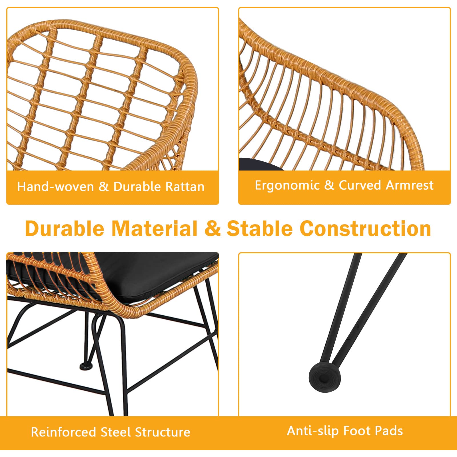 **HAPPYGRILL 3-Piece Rattan Bistro Set with Steel Frame, Round Coffee Table & Soft Cushions - Outdoor Patio Furniture for Garden, Balcony, or Poolside Relaxation**