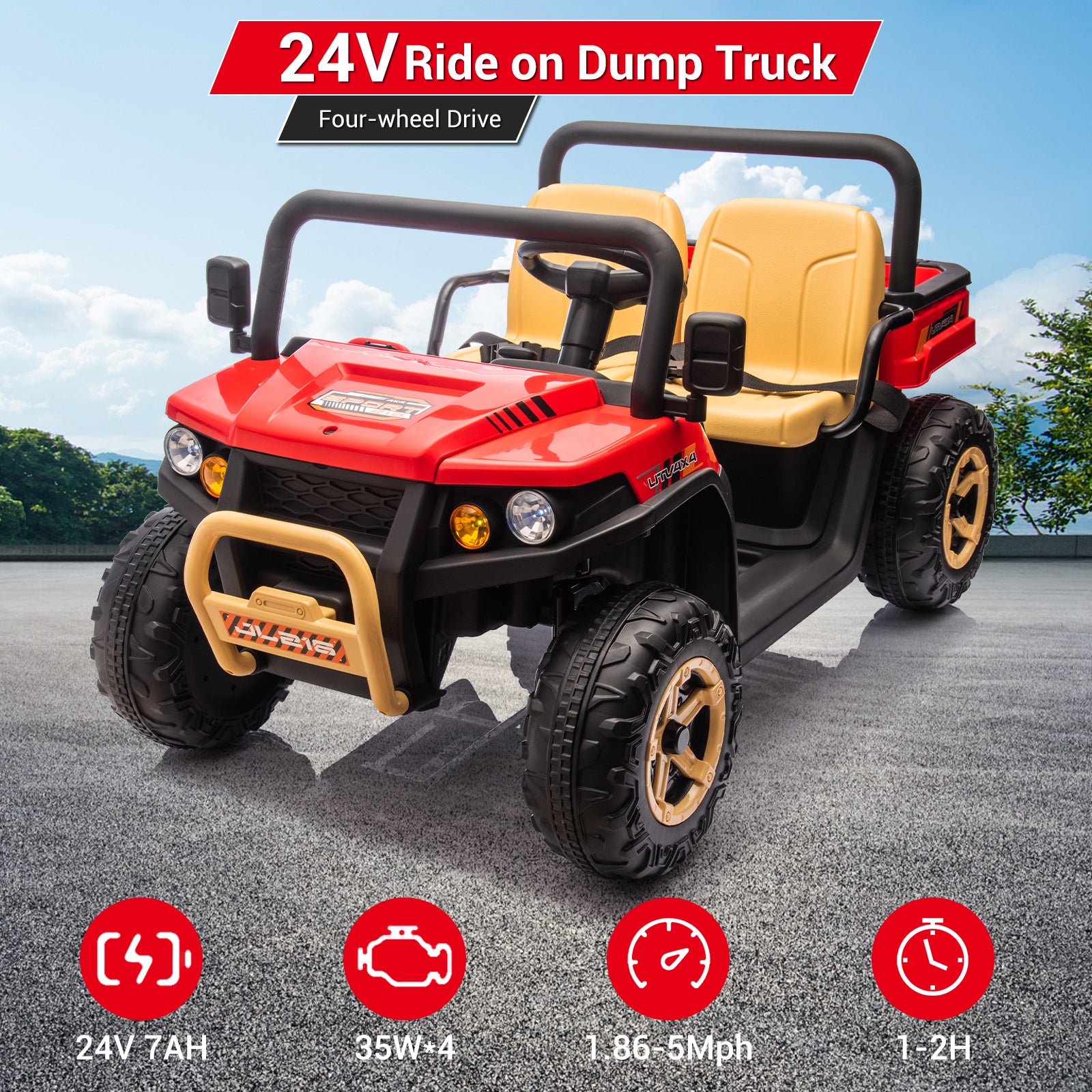 GARVEE 24V Electric Ride On Dump Truck for Kids - 2 Seater Battery Powered UTV Toy with 4x35W Motors, Shovel, Bluetooth, Remote Control, Music & LED Lights - Perfect for Boys & Girls Outdoor Play, Birthday Gifts & Backyard Fun (Red)