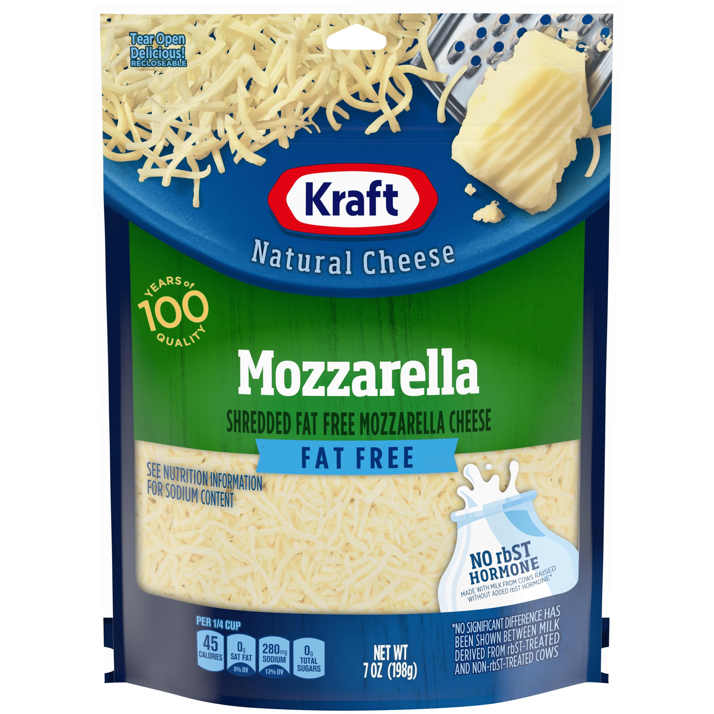 Fat Free Natural Mozzarella Shredded Cheese - 7 oz Pouch | Kraft | Low Calorie, Gluten Free | Perfect for Pizza, Pasta & Salads