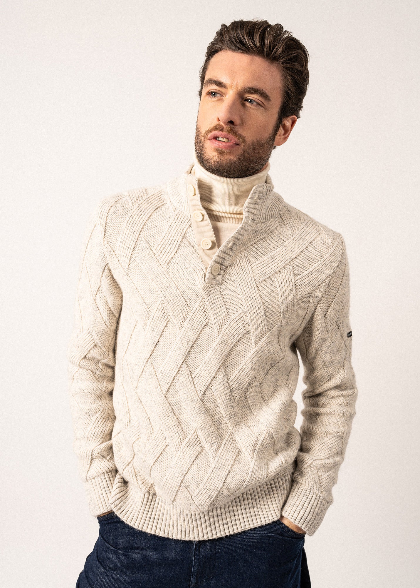 NEUCHATEL Men's 1/4 Button High Collar Structured Knit Sweater - Light Gray Melange | Office Wear & Casual Winter Fashion