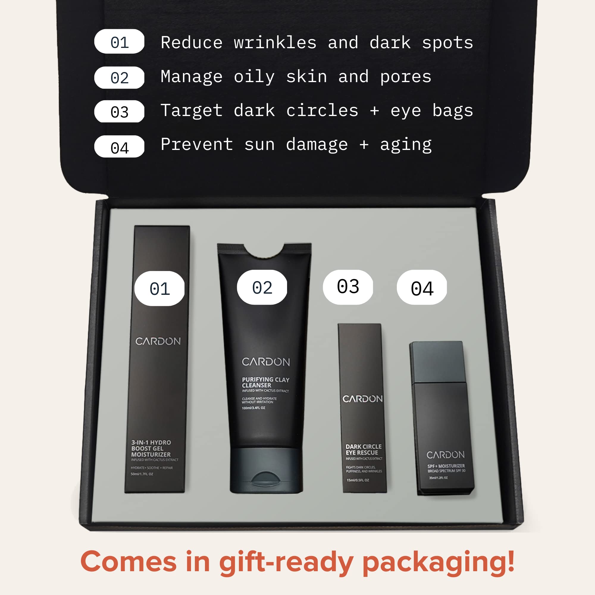 Premium Korean Skincare Gift Set for Men - Anti-Aging Cactus-Based Routine with SPF 30 | Includes Face Wash, Moisturizer, Night Cream & Eye Cream (4-Piece Set) | Perfect for Daily Use, Travel & Gifting