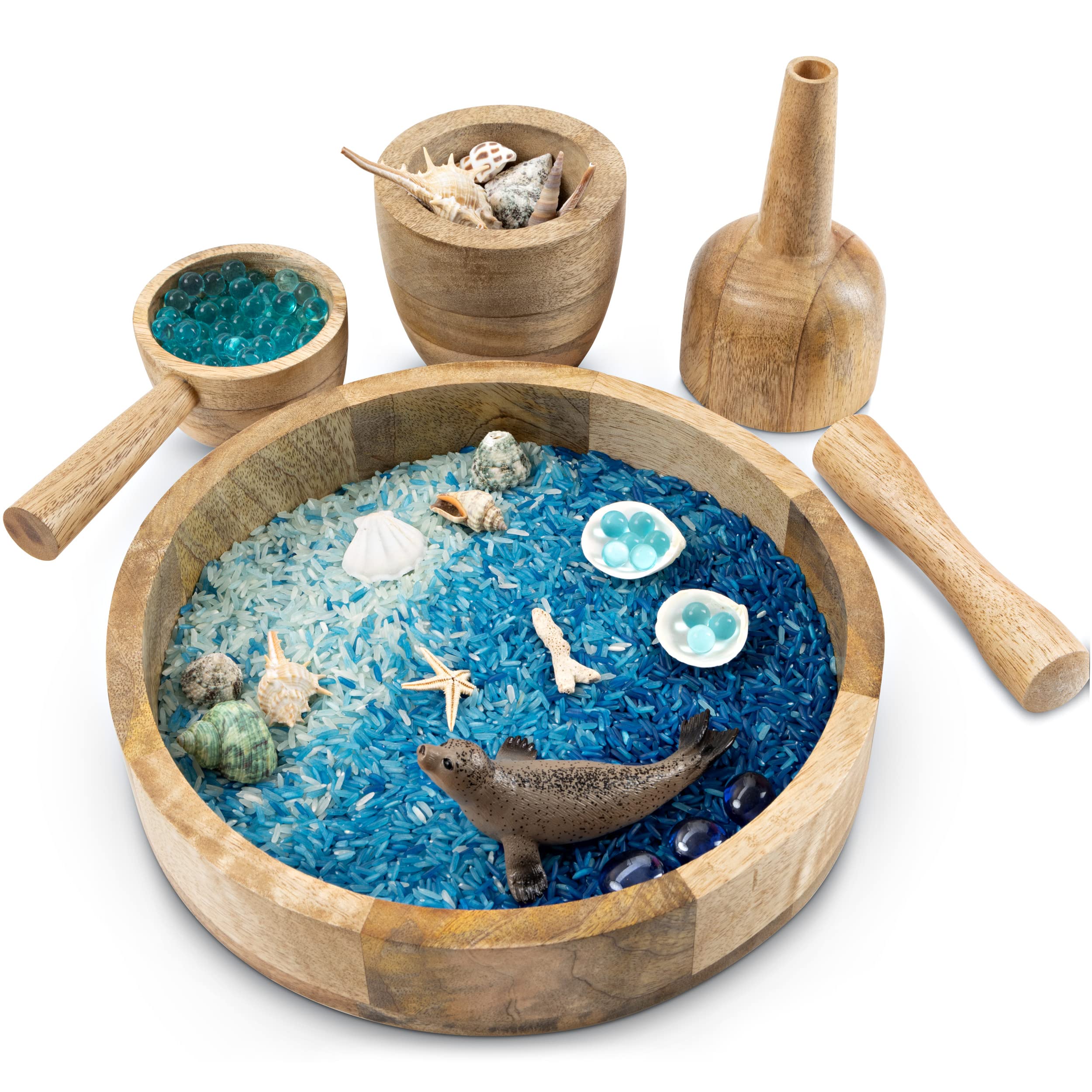 Montessori Wooden Funnel & Sensory Play Set - Natural Mango Wood Pouring, Scooping & Grinding Kit for Kids - Perfect for Loose Parts Play, Water Activities & Early Childhood Learning - Ideal for Home, Classroom & Daycare Sensory Bins