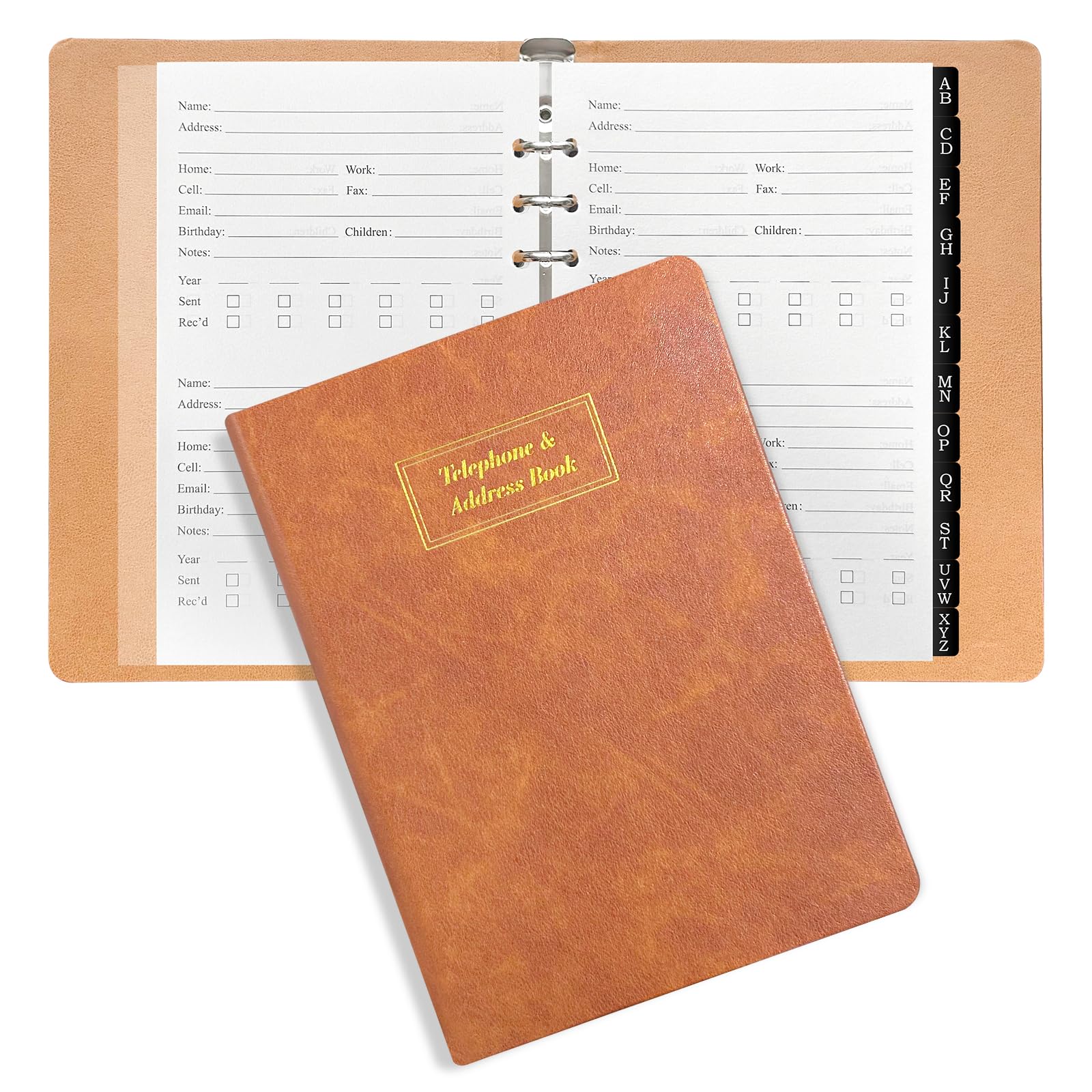 Refillable Hardcover Address Book with Alphabetical Tabs - 384 Contact Organizer for Christmas Cards & Gift Tracking | Large Print Senior Phone Book | Password Combo Notebook | A5 Brown Leather | Perfect for Holiday Planning & Family Record Keeping