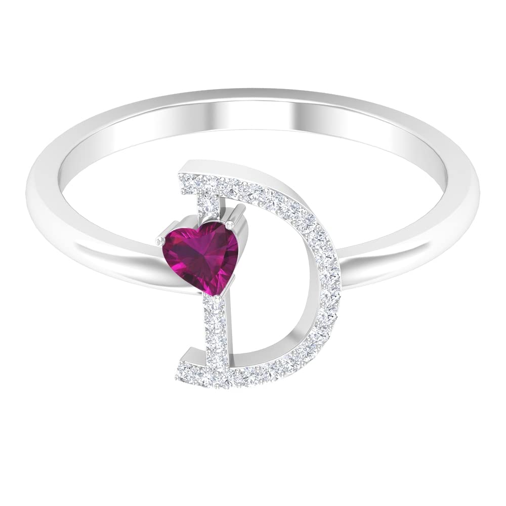 Rhodolite & Diamond Initial Rings for Women - A to Z Alphabet Letter Rings in 14K White Gold - Elegant Heart Initial Jewelry for Gifts & Special Occasions