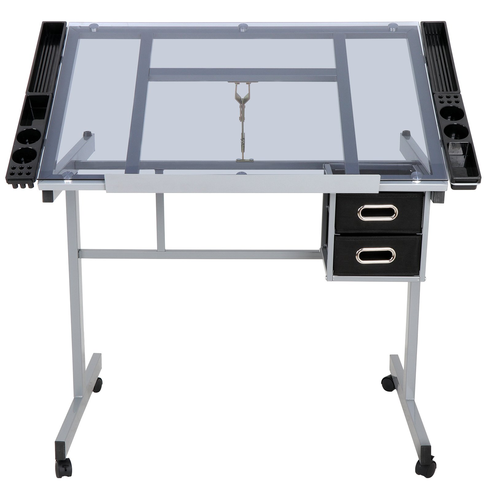 Adjustable Drafting Table with Wheels - Tilting Glass Top Artist Desk for Drawing & Crafting, Includes Storage & Side Tray - Perfect for Home Office, Studio & Art Classroom Workspaces