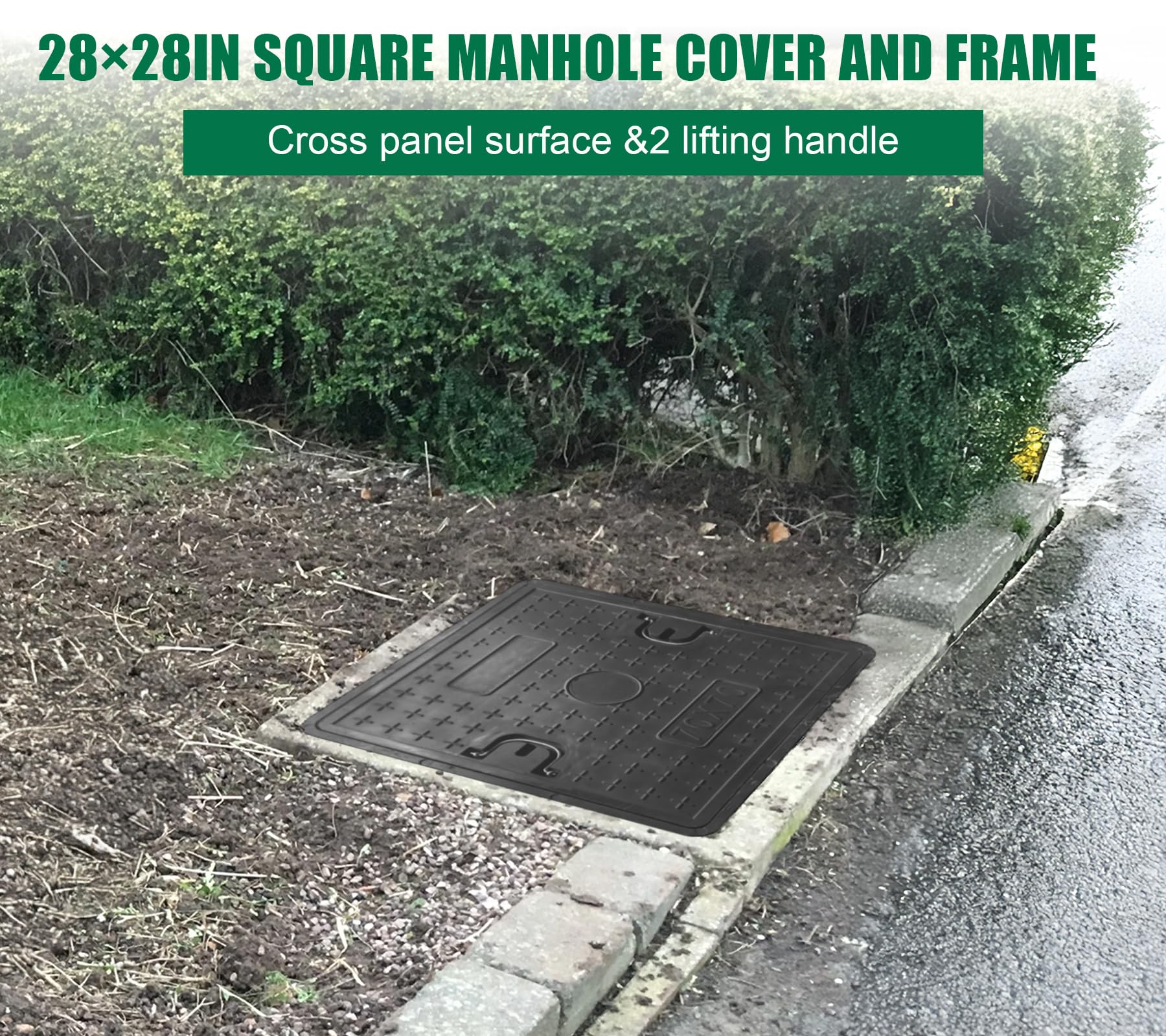 28x28in Fiberglass Square Manhole Cover and Frame - 24x24in Recessed Solid Top Cover with 21.5in Clear Opening - Non-Slip Reinforced Sewage Basin Cover with Handle for Septic Tanks - Ideal for Residential, Commercial, and Municipal Drainage Systems