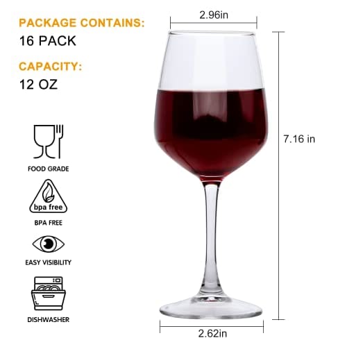 Premium Cadamada Wine Glasses Set of 16 - 12oz Crystal Clear Stemware for Red & White Wine - Elegant for Banquet, Party, Bar, Wedding - Perfect Gift Idea for Wine Lovers & Entertaining Guests