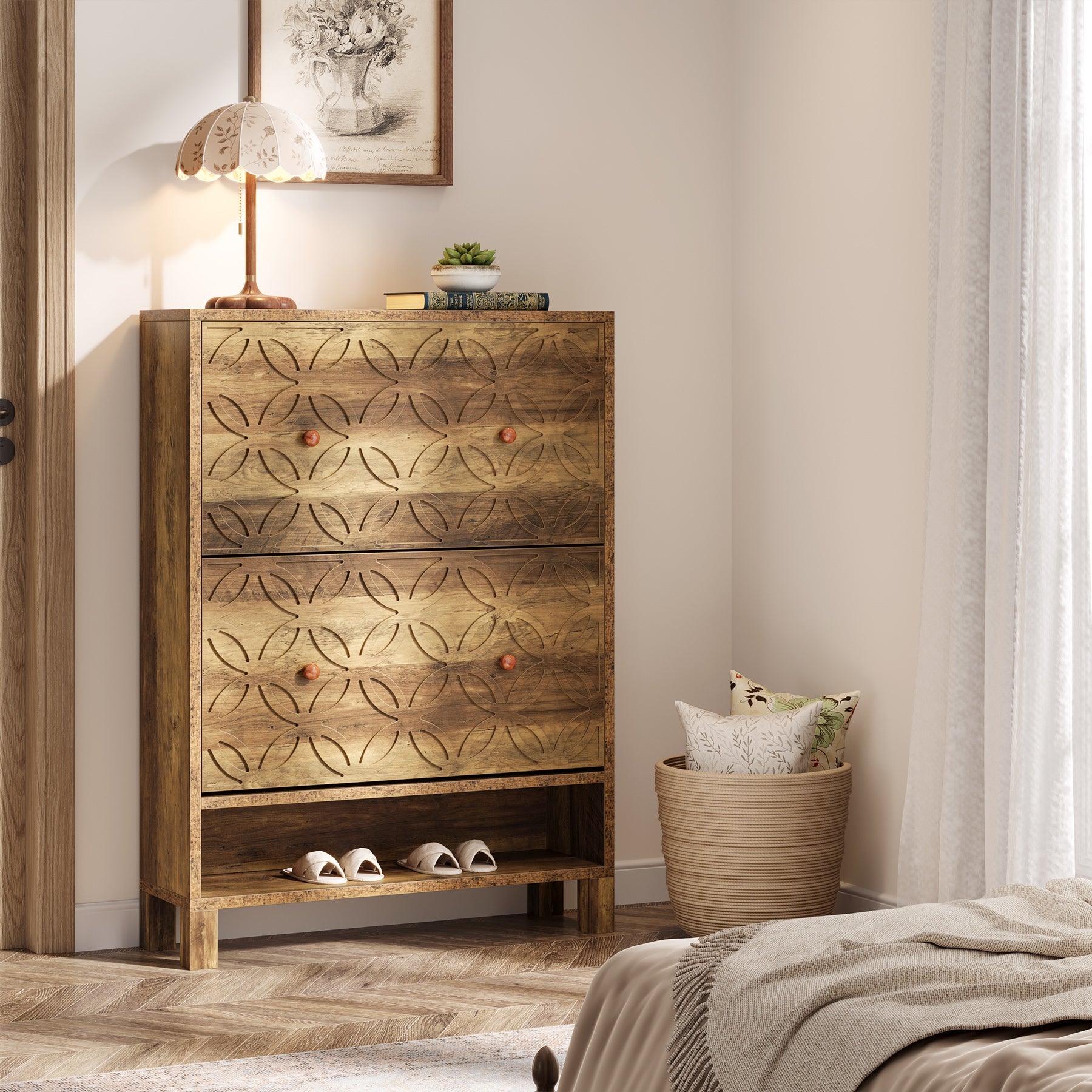 Rustic Wooden Shoe Cabinet with 2 Flip-Up Drawers - Space Saving Entryway Shoe Organizer for Hallway, Closet & Mudroom Storage