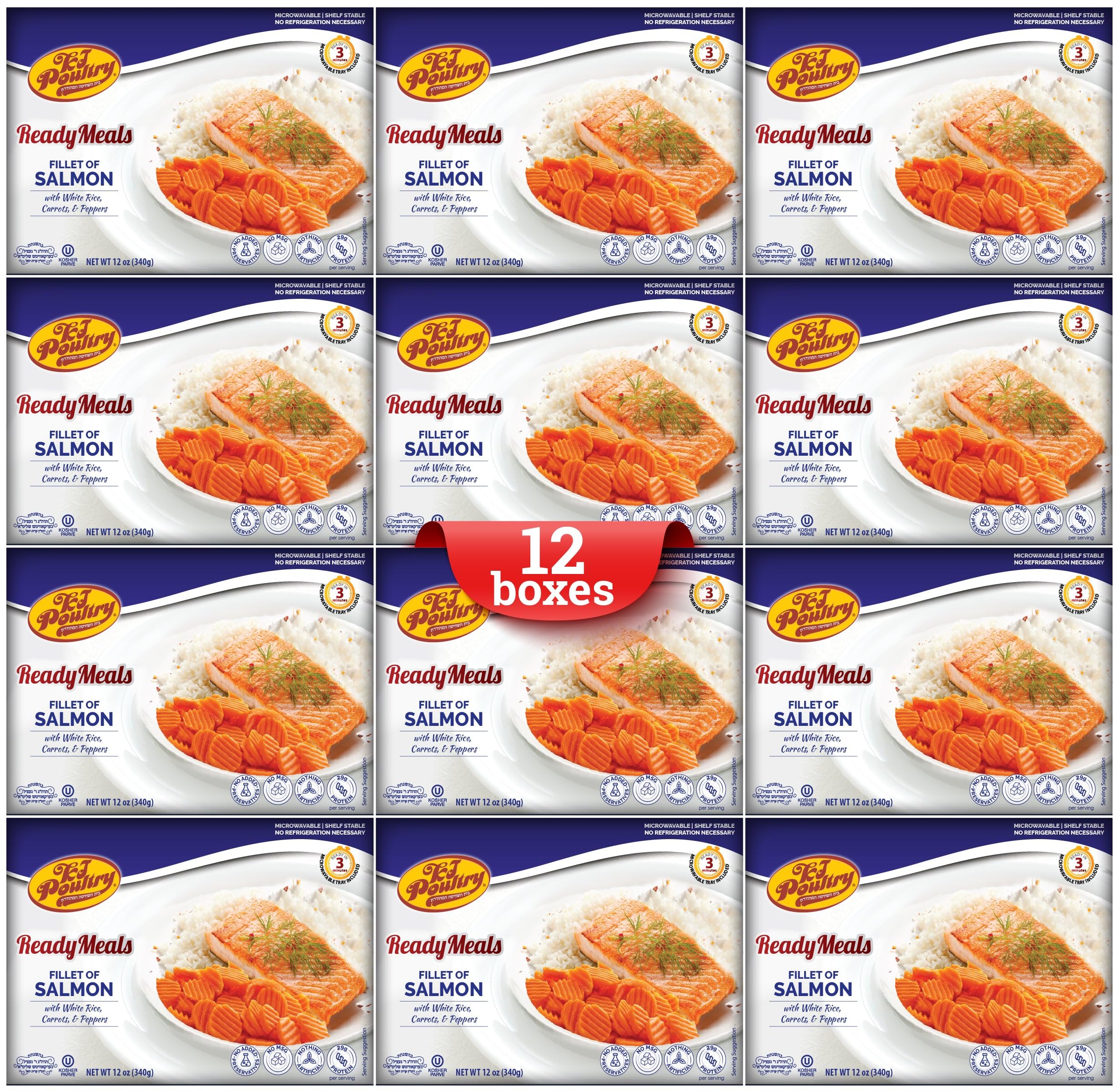 KJ Poultry Kosher Ready Meals - Fully Cooked Salmon Fillet Fish, Parve MRE Meal Ready to Eat (12 Pack) | High Protein, Halal Certified, Shelf Stable Microwave Dinner | Perfect for Travel, Military, Camping & Emergency Preparedness