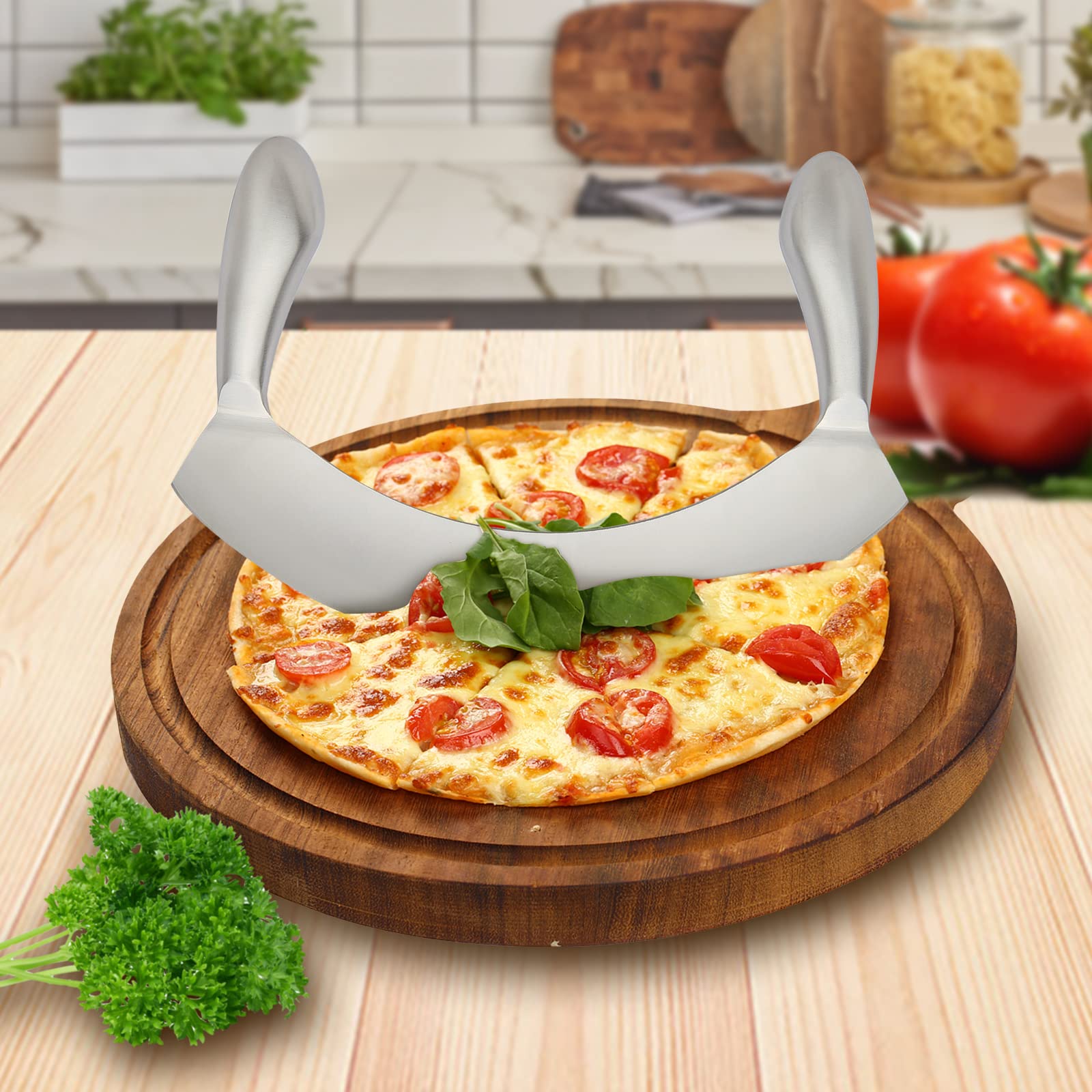 8.7 Inch Stainless Steel Mezzaluna Knife - Professional Salad Chopper, Pizza Cutter & Vegetable Mincing Knife with Curved Blade & Double Handle - Perfect for Kitchen Prep, Pizza Making & Herb Chopping