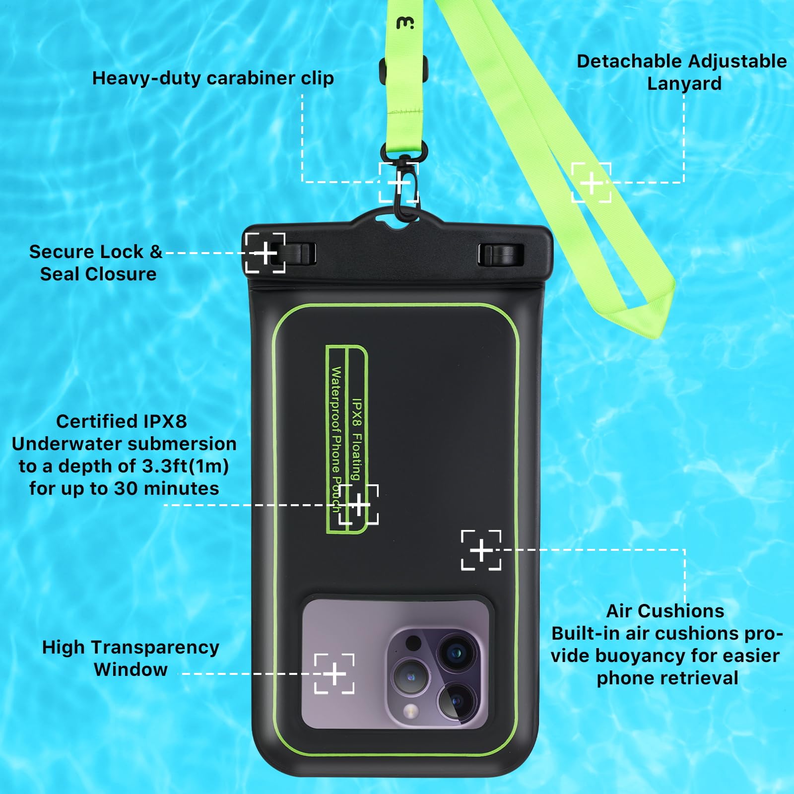 MYBAT PRO IPX8 Waterproof Phone Pouch - Universal Floating Dry Bag for iPhone 15 Pro Max/14/13, Samsung S24 Ultra/S23, Google Pixel - Detachable Lanyard, Black/Green - Perfect for Swimming, Beach, Kayaking & Water Sports
