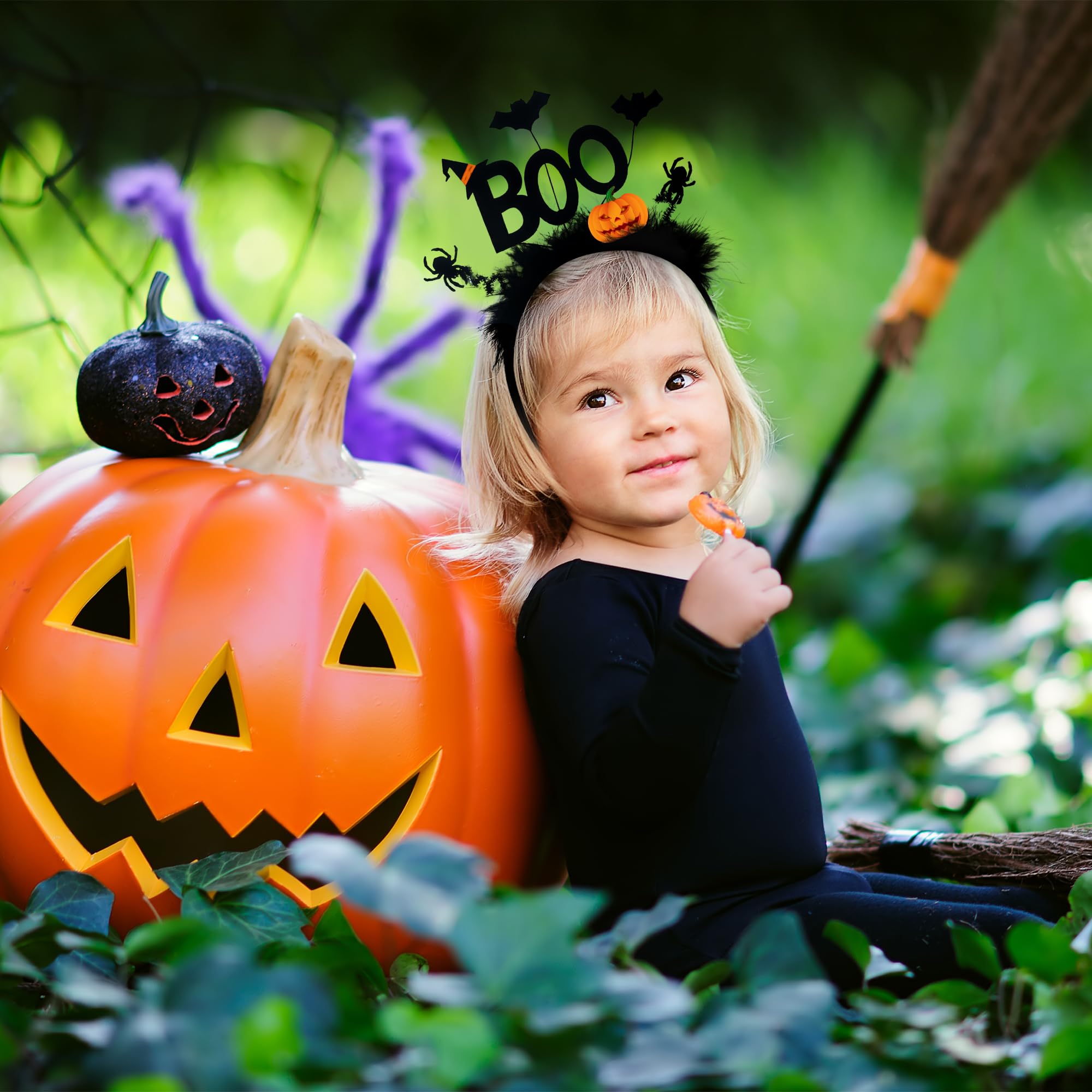 Xtraokute Halloween Headband - Pumpkin, Spider Web, Ghost, Bat & Witch Hat Costume Party Hair Accessories for Girls & Women | Natural Feather Hair Hoop Head Bopper for Halloween Parties, Cosplay & Trick or Treat