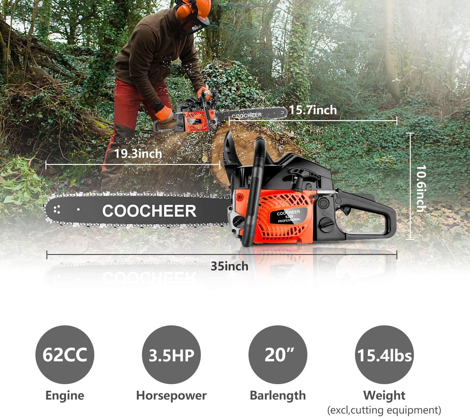 COOCHEER 62CC 2-Stroke Gas Chainsaw - 20-Inch Portable Top Handle Chainsaw with 2 Chains & Tool Kit - Powerful Gas-Powered Chainsaw for Tree Cutting, Felling, Stump Removal & Woodcutting - Ideal for Landscaping, Firewood Preparation & Yard Maintenance (Upgraded Model)
