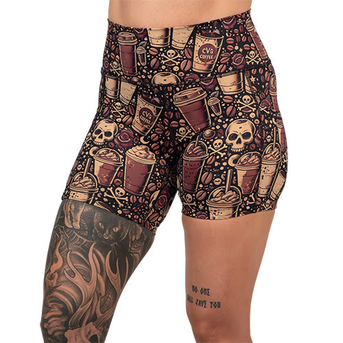 Women's High Waisted Workout Shorts - Caffeine Queen - Comfortable & Breathable for Running, Yoga & Gym
