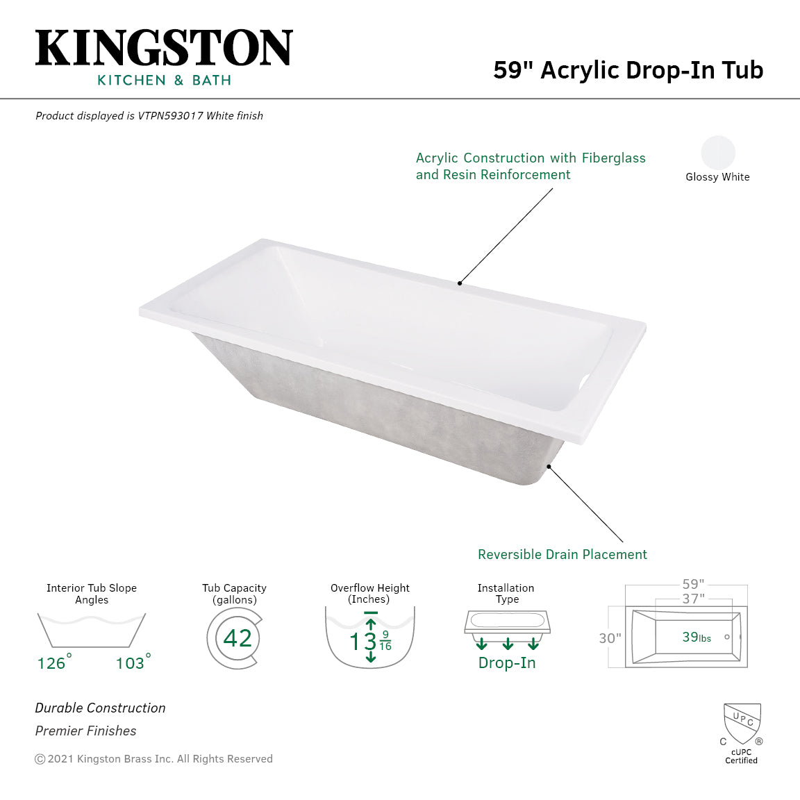 Aqua Eden 59-Inch Acrylic Rectangular Drop-In Bathtub with Reversible Drain - Glossy White Freestanding Soaking Tub for Modern Bathroom Renovation & Spa Relaxation