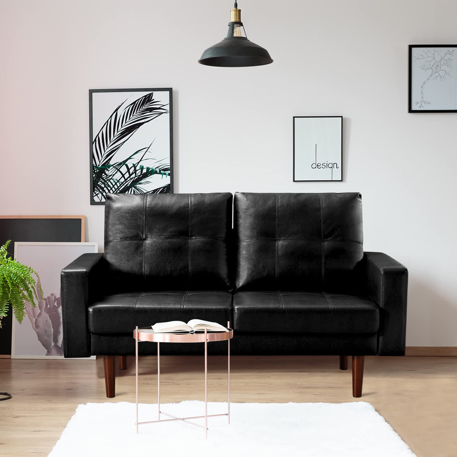 Modern PU Leather Loveseat Sofa with High-Density Foam Cushion & Solid Wood Legs - Comfortable Accent Love Seat for Living Room, Bedroom or Office - Perfect for Small Spaces, Reading Nook & Guest Seating (Black)
