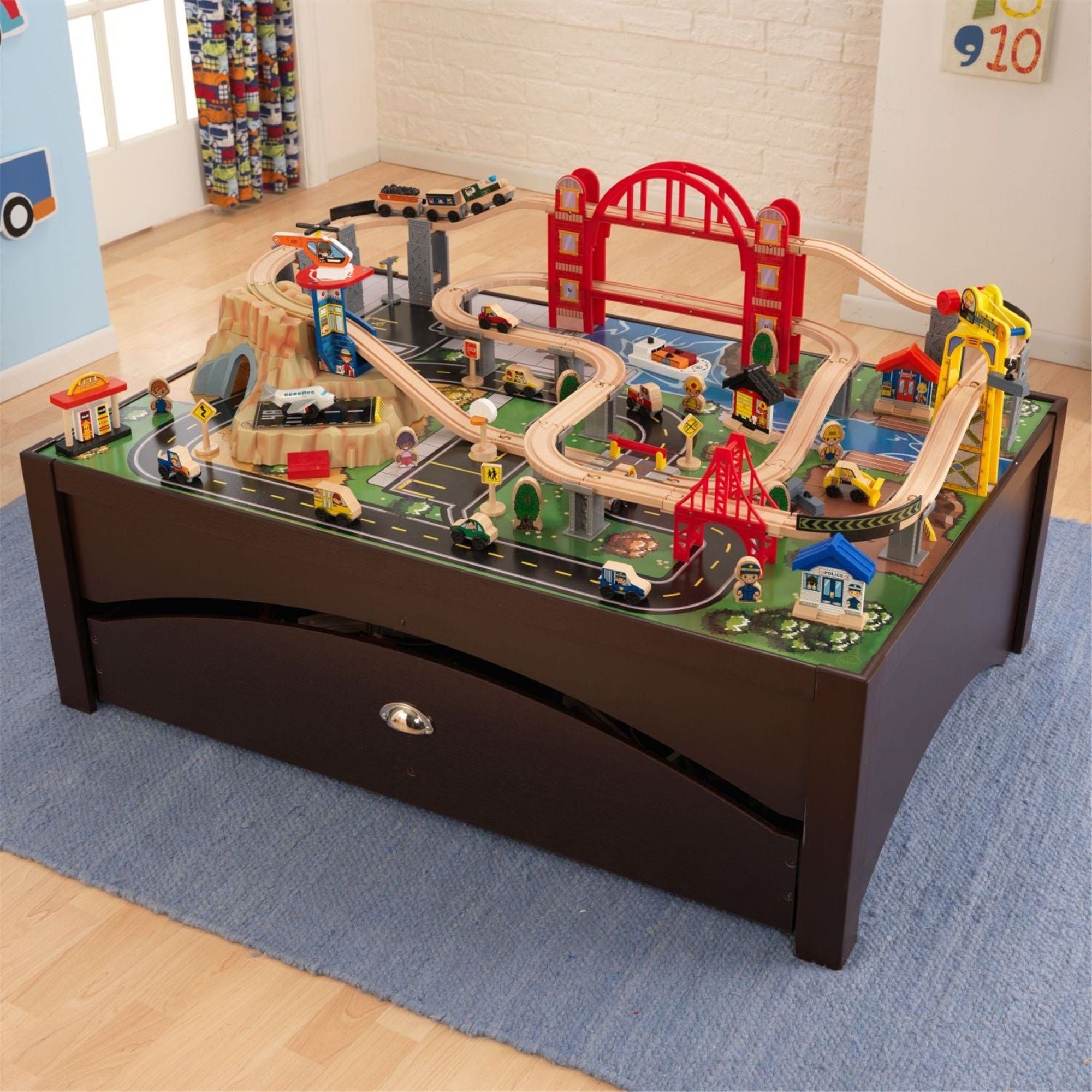 KidKraft Metropolis Wooden Train Set & Play Table - 100+ Piece Wooden Railway Toy for Kids Ages 3+ | Perfect for Playrooms, Daycares & Birthday Gifts