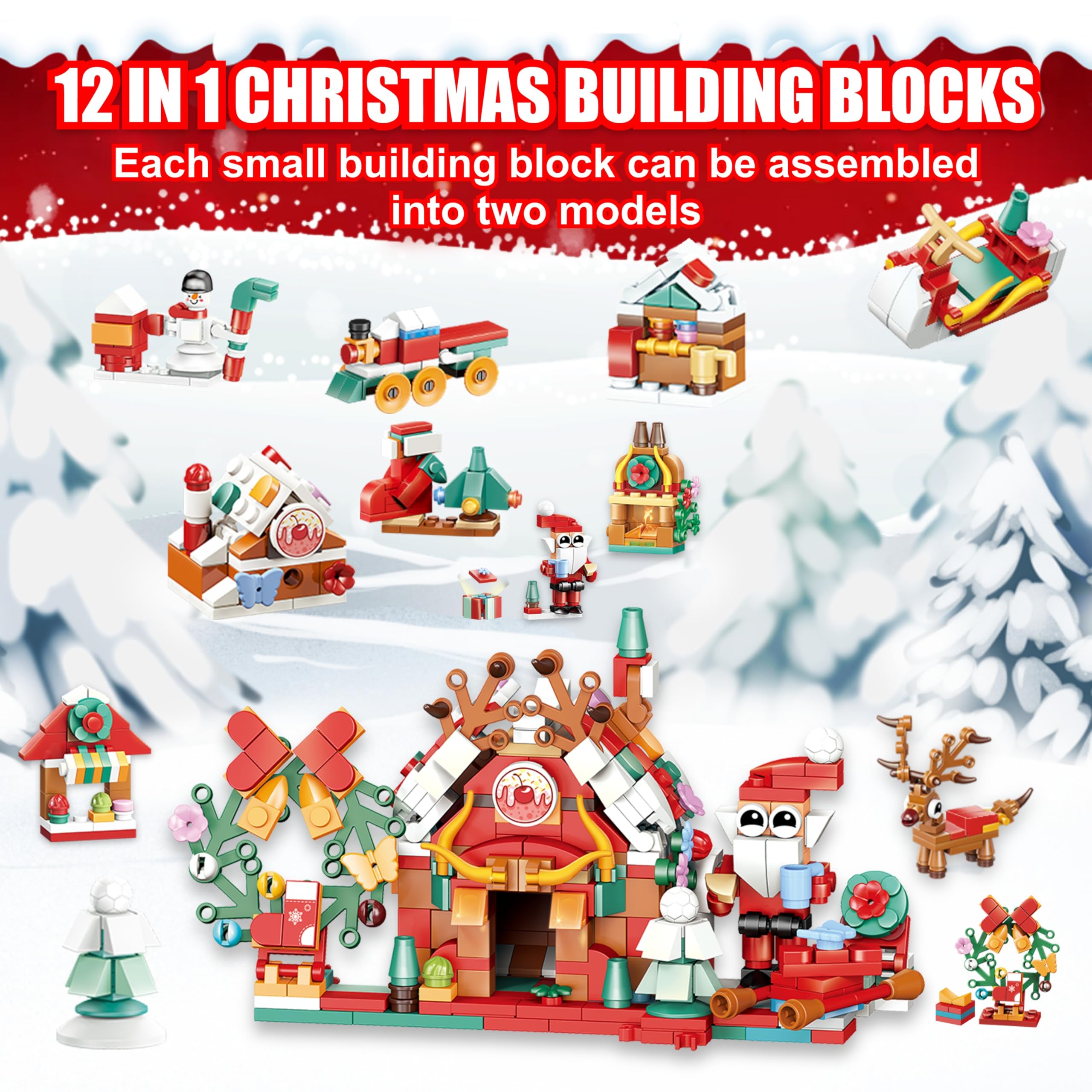 2024 Christmas Advent Calendar Building Blocks Set - 24 Days Countdown Toy with Santa Claus, Dessert House & Elk Sled - 12-in-1 STEM Educational Gift for Boys & Girls | Perfect for Holiday Countdown, Classroom Activities & Family Christmas Traditions