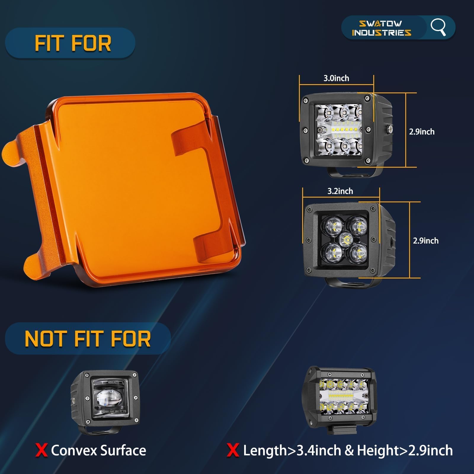 3 Inch Amber LED Pod Covers 2PCS - Durable Polycarbonate Square LED Light Bar & Cube Covers - Protective Lens for Off-Road, Truck, ATV, Marine & Work Lights