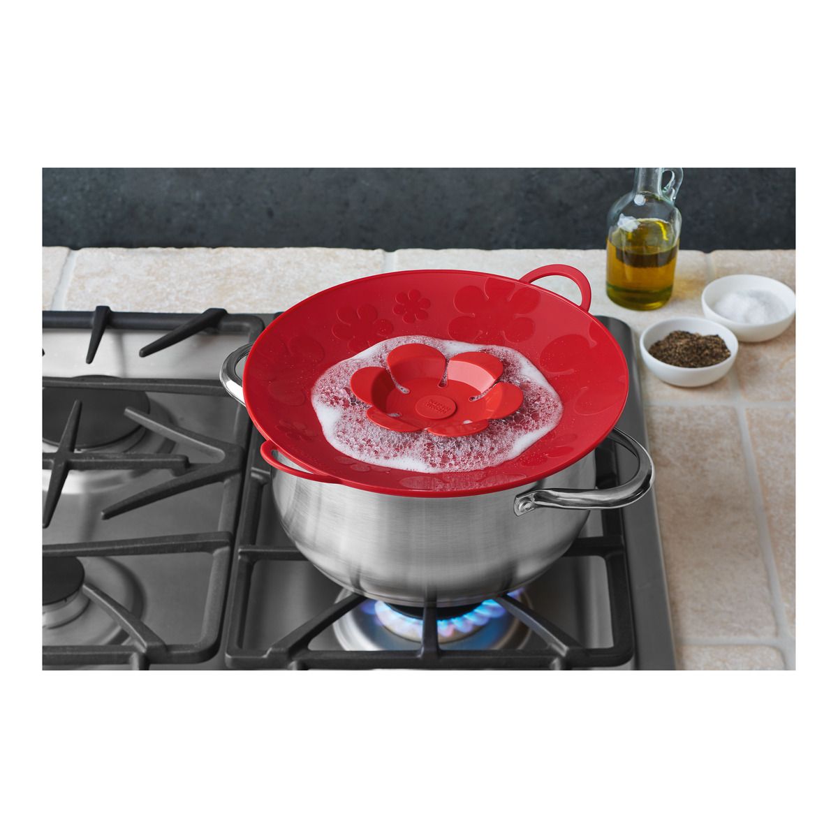 Kuhn Rikon Spill Stopper Red Flower 11 - Premium Silicone Pot Lid Cover for Cooking, Boiling & Steaming - Perfect for Saucepans, Stockpots & Kitchen Safety