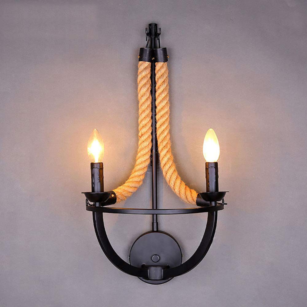 Vintage Industrial Wall Sconce Light Fixture - Retro Iron Art Hemp Rope Wall Lighting for E14 Bulb - Perfect for Bedside, Living Room, Bedroom, Office, Restaurant & Cafe Decor