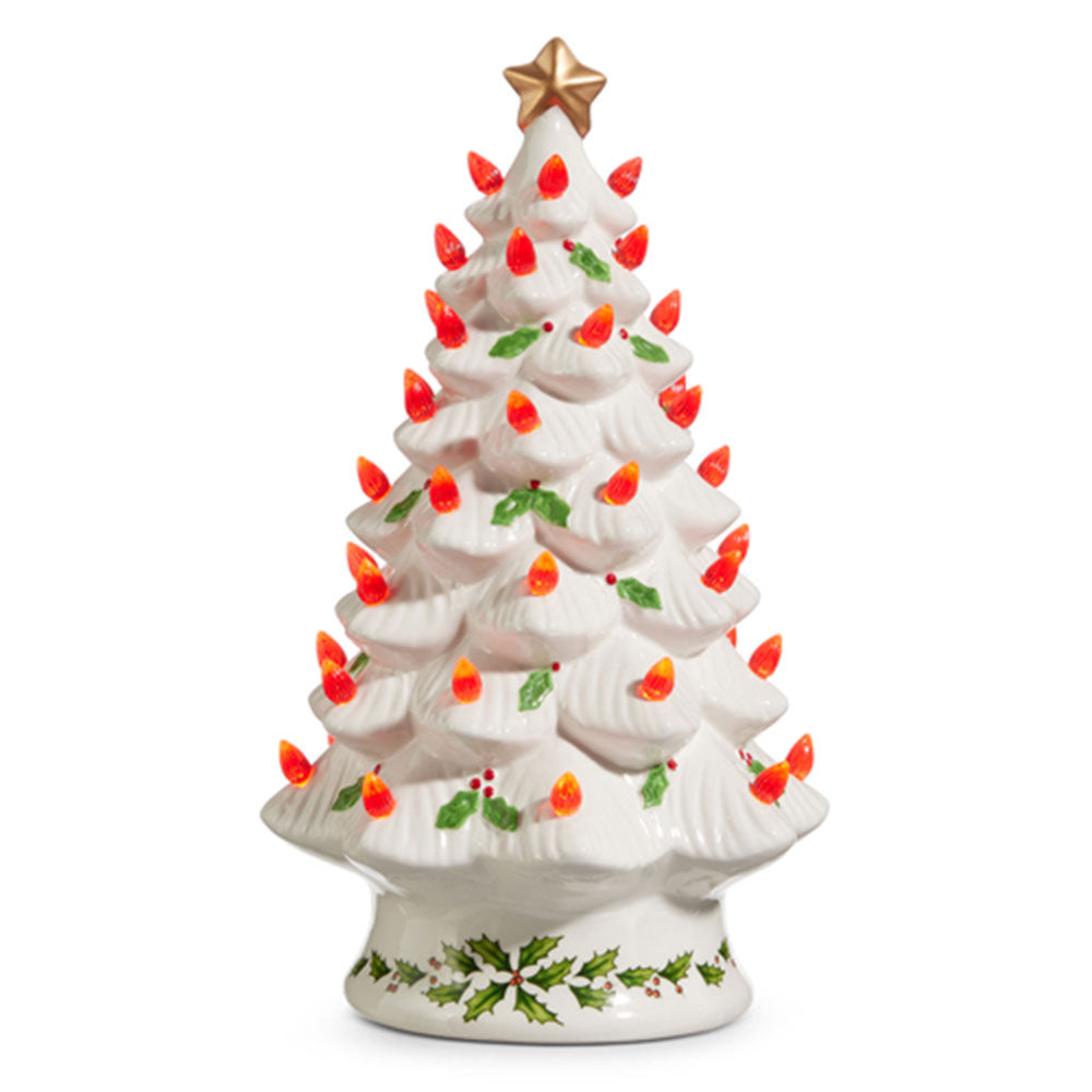 13-Inch Lighted Vintage Holly Ceramic Christmas Tree - Holiday Home Decor for Tabletop, Mantel & Festive Seasonal Display