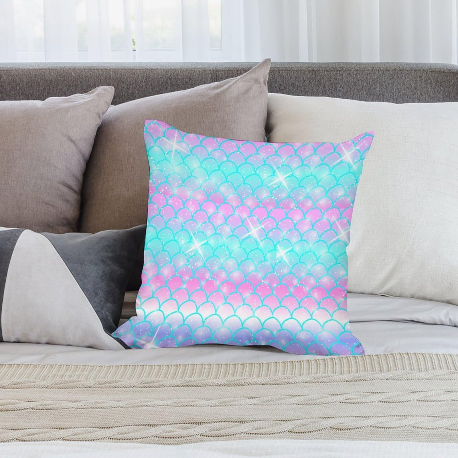 Cute Mermaid Pattern Polyester Pillow Cover - Soft & Smooth 14x14 Inch Square Cushion Case for Sofa, Bed, Dorm Decor - Kawaii Home Accessories