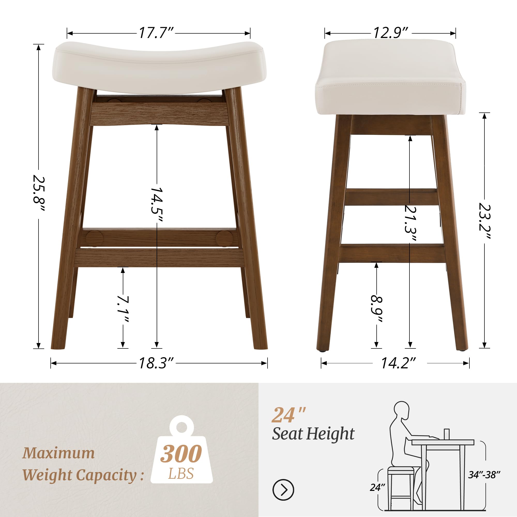 Set of 3 Antique White Leather Bar Stools with Sturdy Wood Legs - 24 Inch Farmhouse Counter Height Stools for Kitchen, Bar & Dining | Perfect for Breakfast Nooks, Home Bars & Kitchen Islands