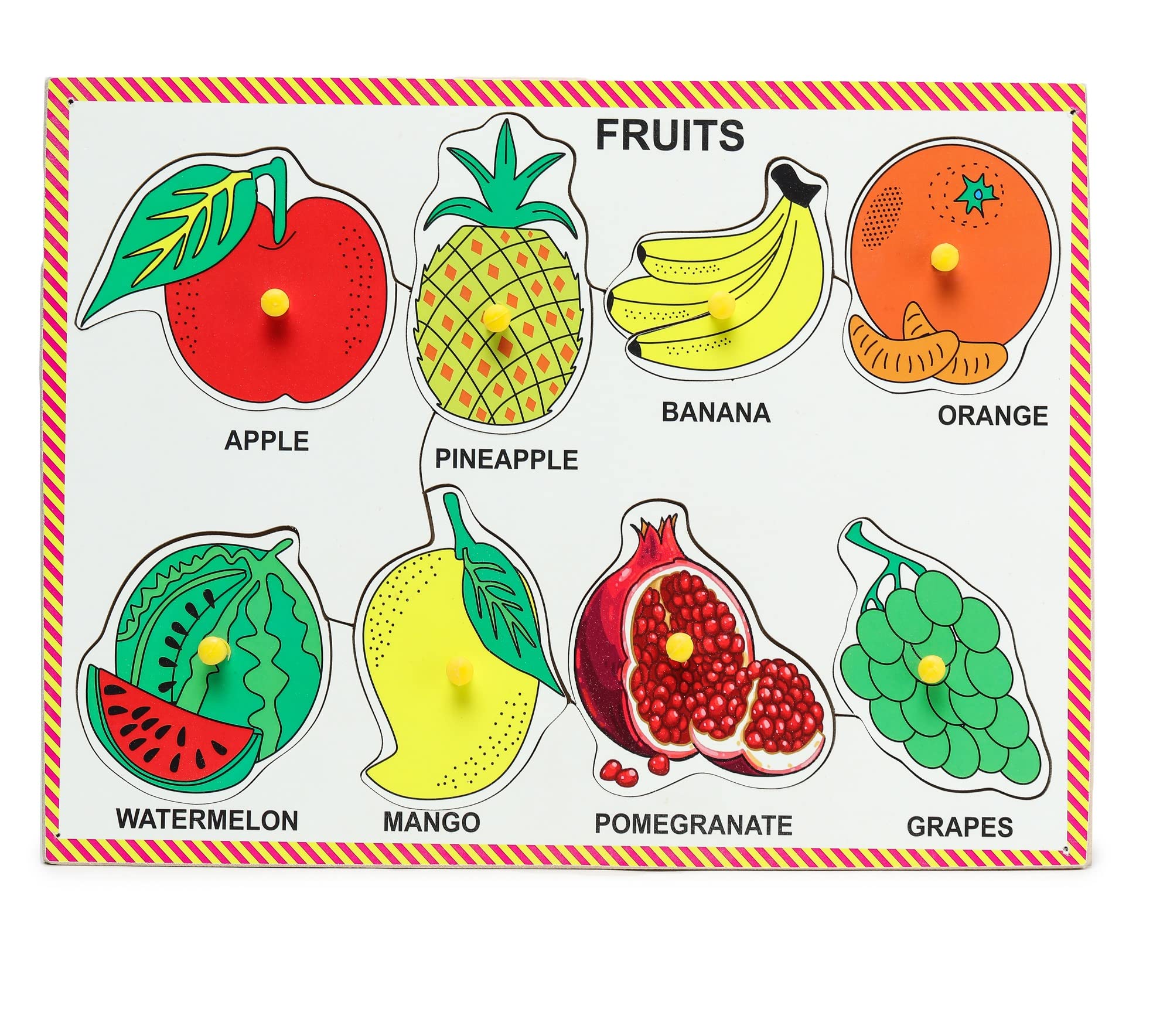 Premium Pine Wood Colorful Learning & Educational Pegged Puzzle Board for Kids - Fruits with Knobs (9x12 Inch) - Montessori Toddler Toy for Boys & Girls Ages 2+ | Perfect for Early Childhood Development & Homeschooling Activities