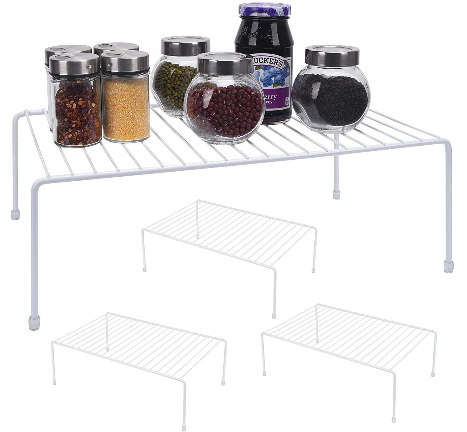 16.1 x 10.2 Inch Large White Kitchen Storage Shelf Rack - 4 Pack Cabinet Organizer for Fridge, Bathroom & Countertop - Space Saving Solution for Pantry, Spice Jars & Toiletries Storage
