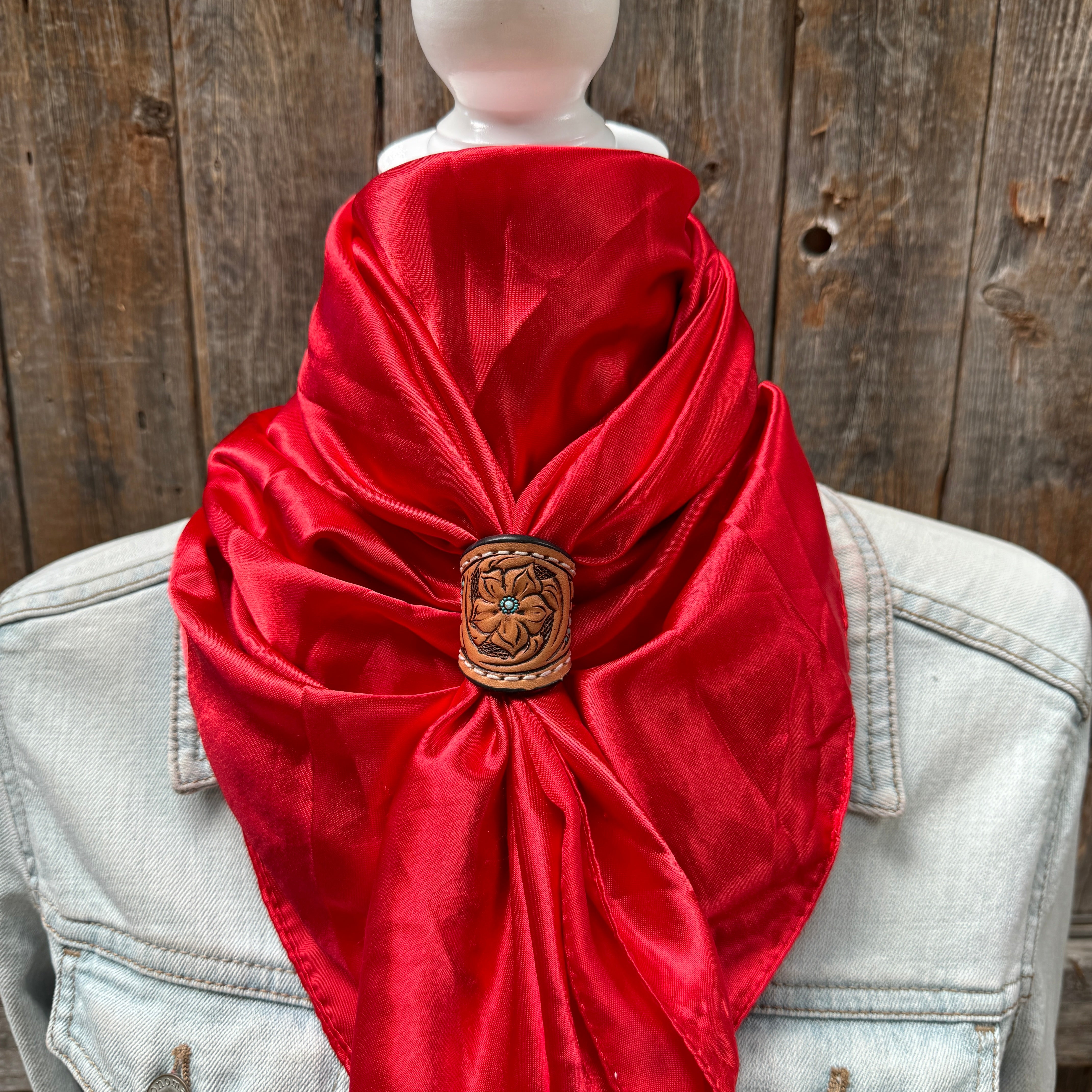 35x35 Solid Electric Red Wild Rag Scarf - Premium Tooled Leather Slides for Cowboy & Western Fashion - Perfect for Rodeo, Horse Riding, and Outdoor Adventures