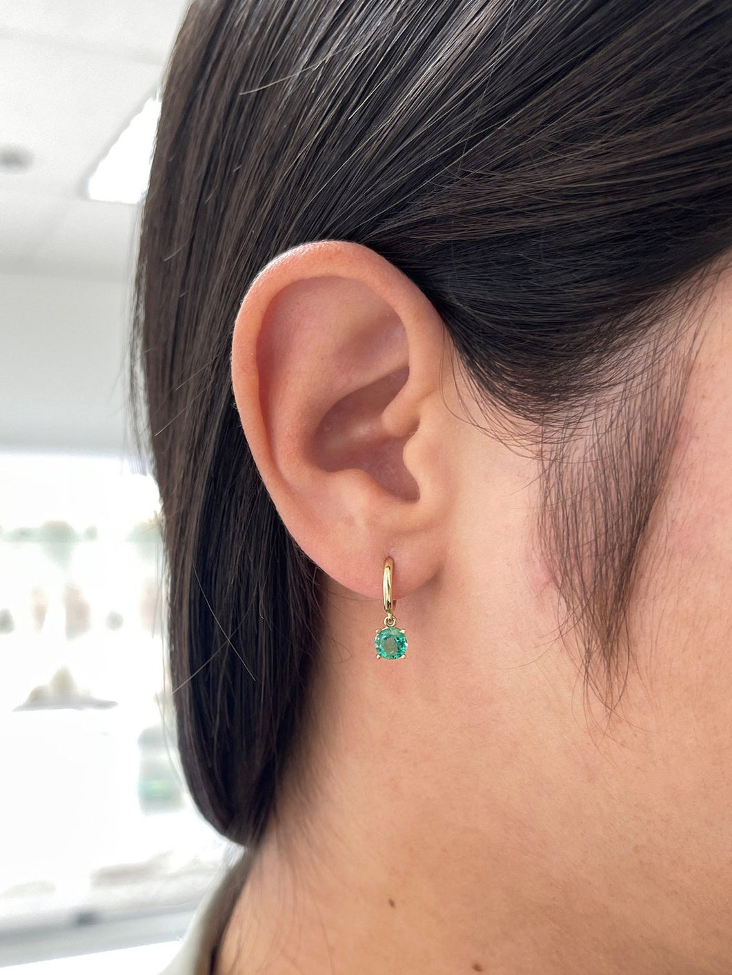 1.35tcw Medium Dark Green Emerald Round Cut 14K Gold Huggie Hoop Earrings for Women - Perfect for Everyday Wear, Parties & Special Occasions