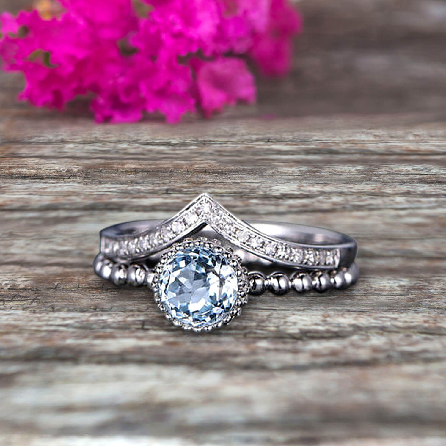 1.50 Carat Round Cut Aquamarine Engagement Ring with V-Shaped Wedding Band - 10k White Gold Art Deco Bridal Set for Women - Perfect Anniversary Gift for Her - Elegant Wedding, Proposal & Special Occasion Jewelry