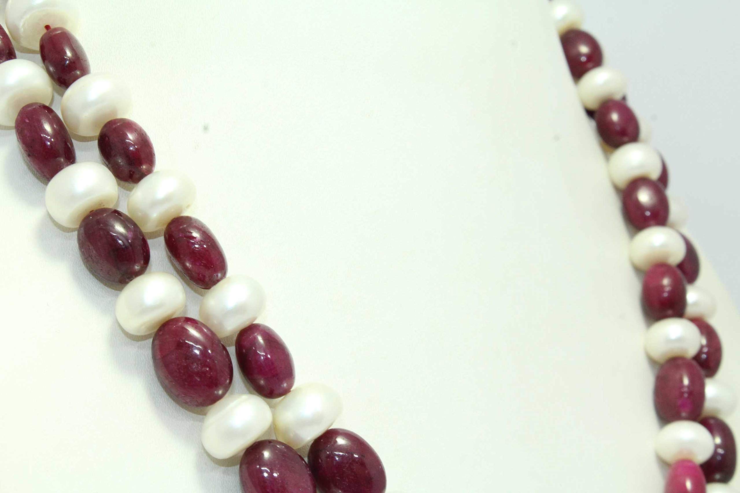 2-Line Red Ruby Beads & White Pearls Necklace Strand - Elegant Jewelry for Weddings, Parties, and Special Occasions