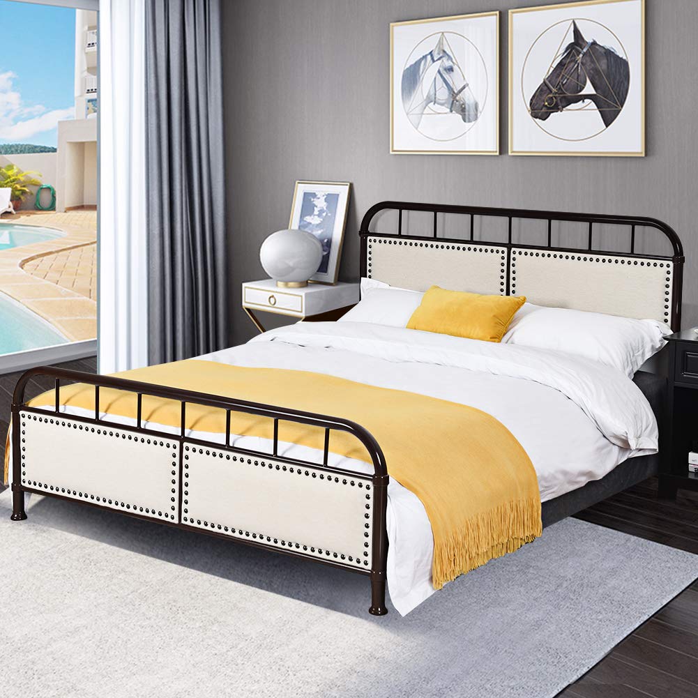 **WATERJOY Queen Size Bed Frame - Sturdy Steel Platform Bed with Upholstered Headboard - Chocolate Brown - Perfect for Modern Bedrooms, Guest Rooms & Small Spaces**