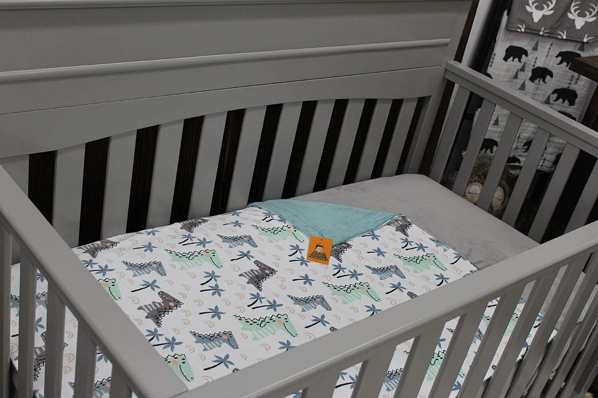 Dear Baby Gear Deluxe Baby Blanket - Soft Reversible Unisex Blanket for Newborns & Infants - Double Layer Crib Bedding Decor (Dinosaur & Palm Tree Print, Blue/Green, 40x30 Inches) - Perfect for Nursery, Stroller & Swaddling